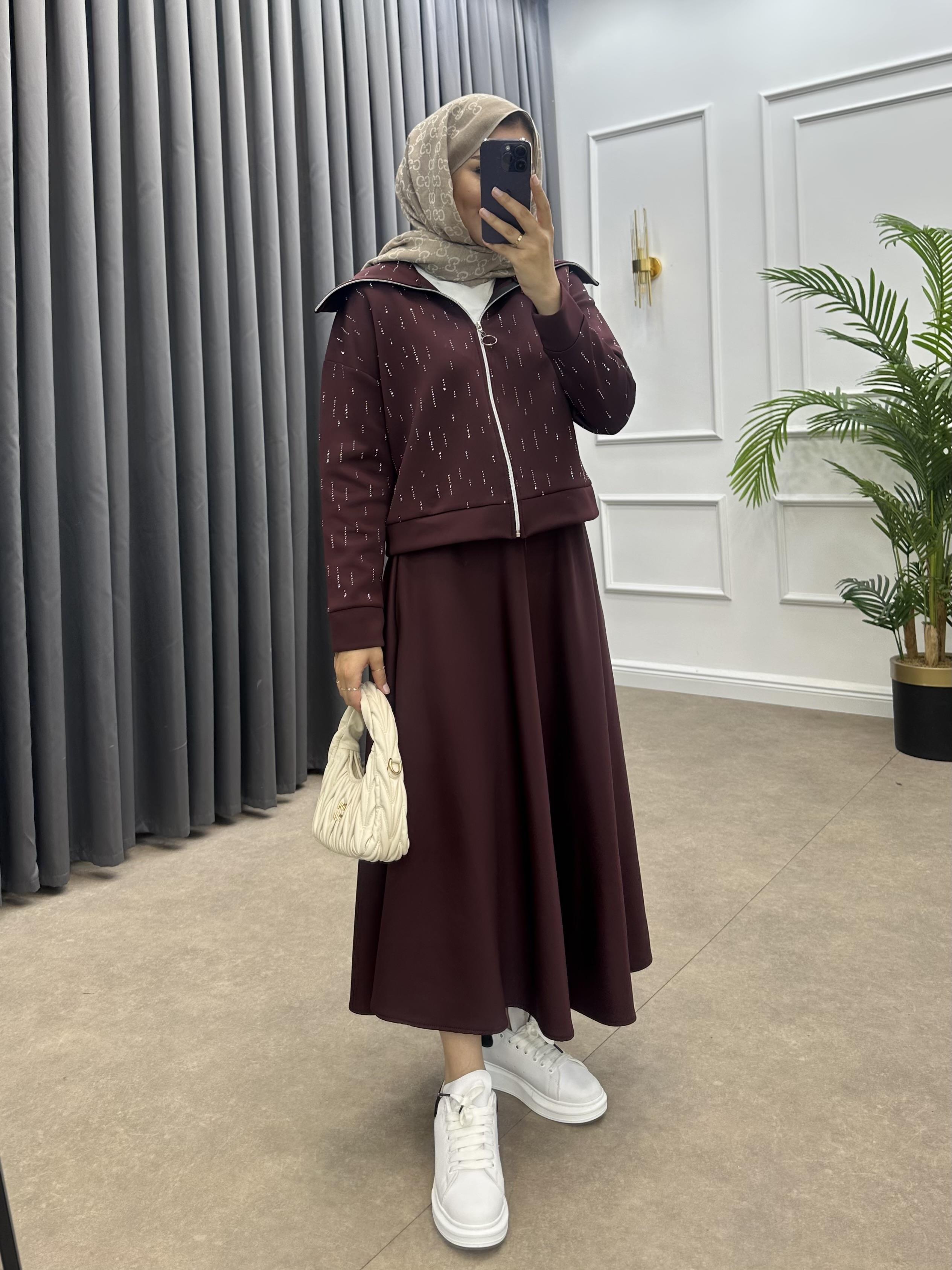 TAŞLI SCUBA ETEKLİ TAKIM BORDO