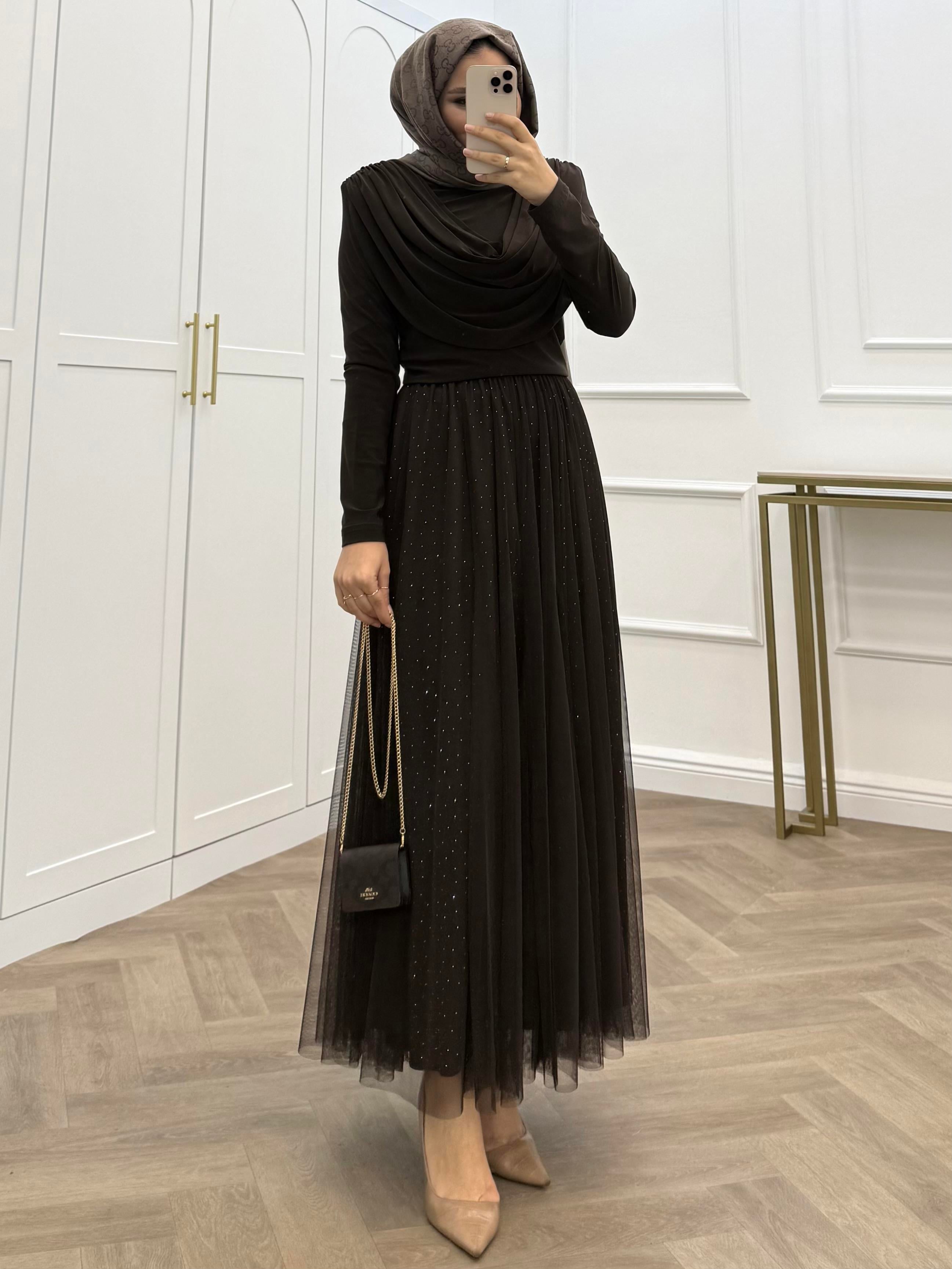 TAŞLI TÜL ETEK KAHVE