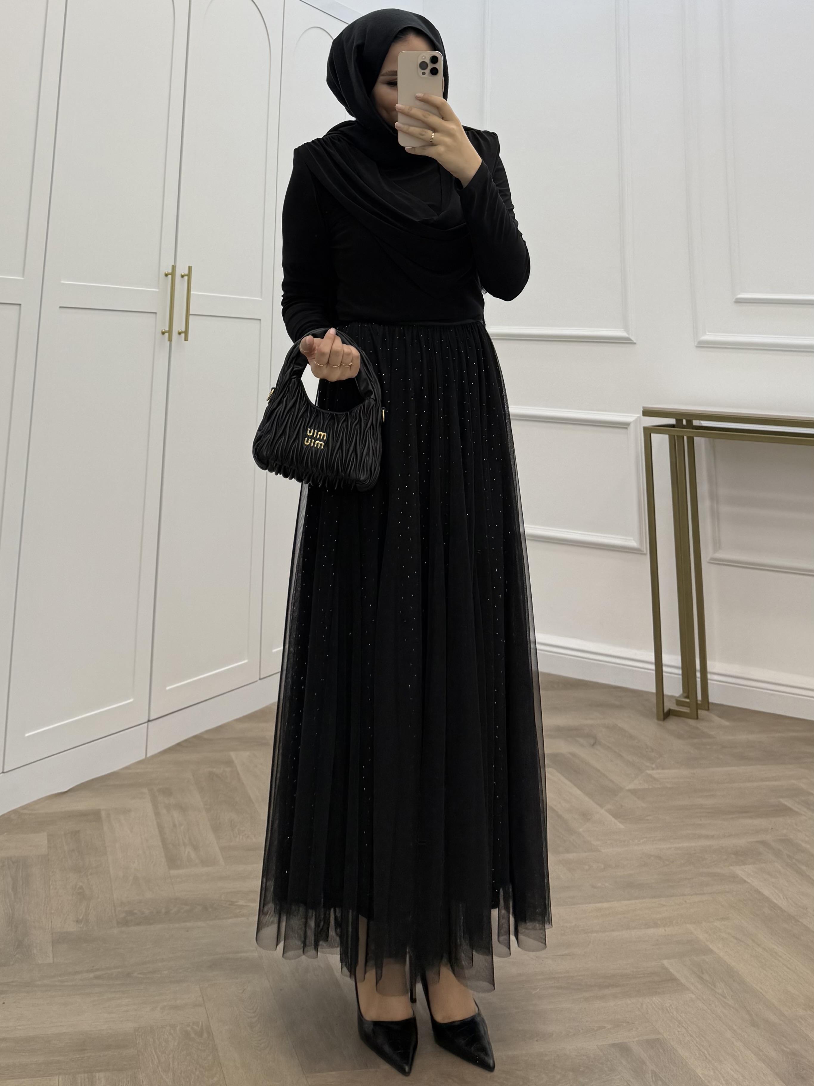 TAŞLI TÜL ETEK SİYAH