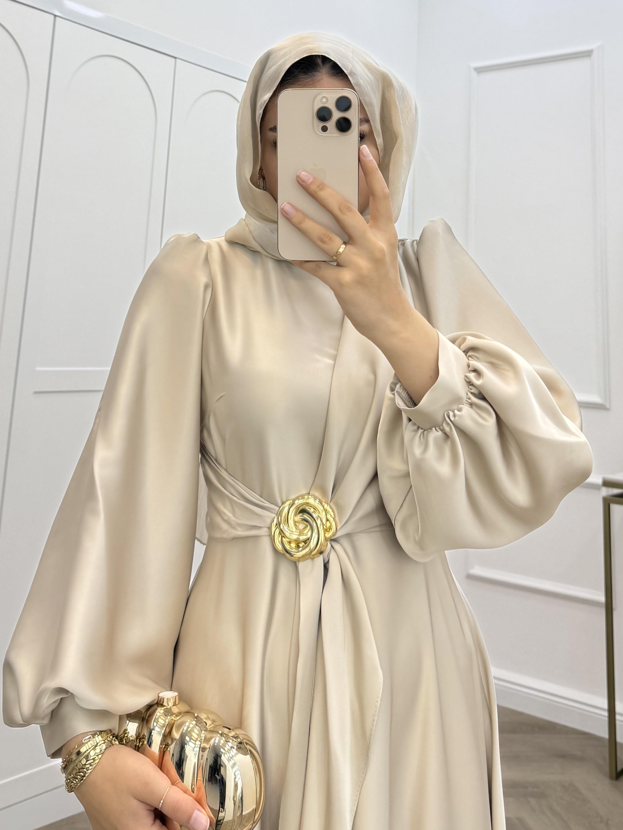 TOKALI SATEN ELBİSE BEJ 