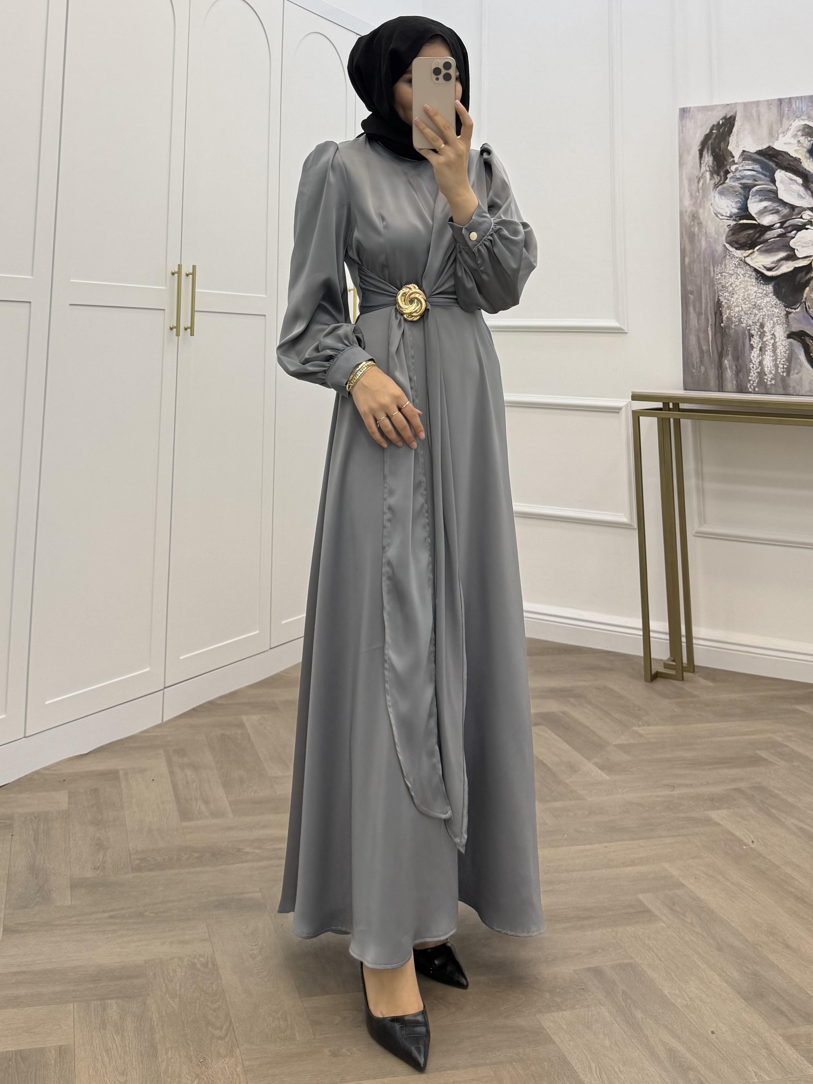 TOKALI SATEN ELBİSE GRİ