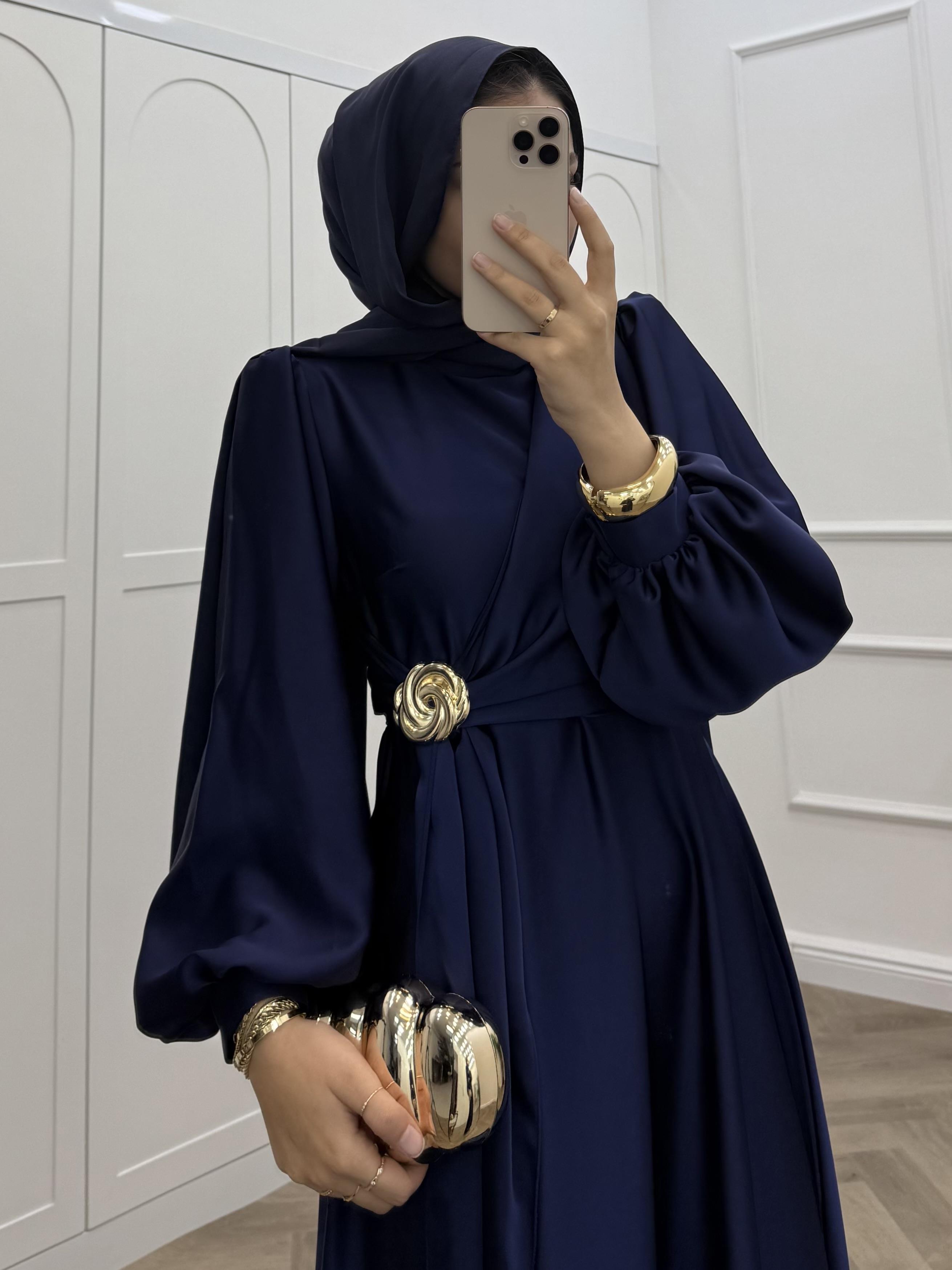 TOKALI SATEN ELBİSE LACİVERT 