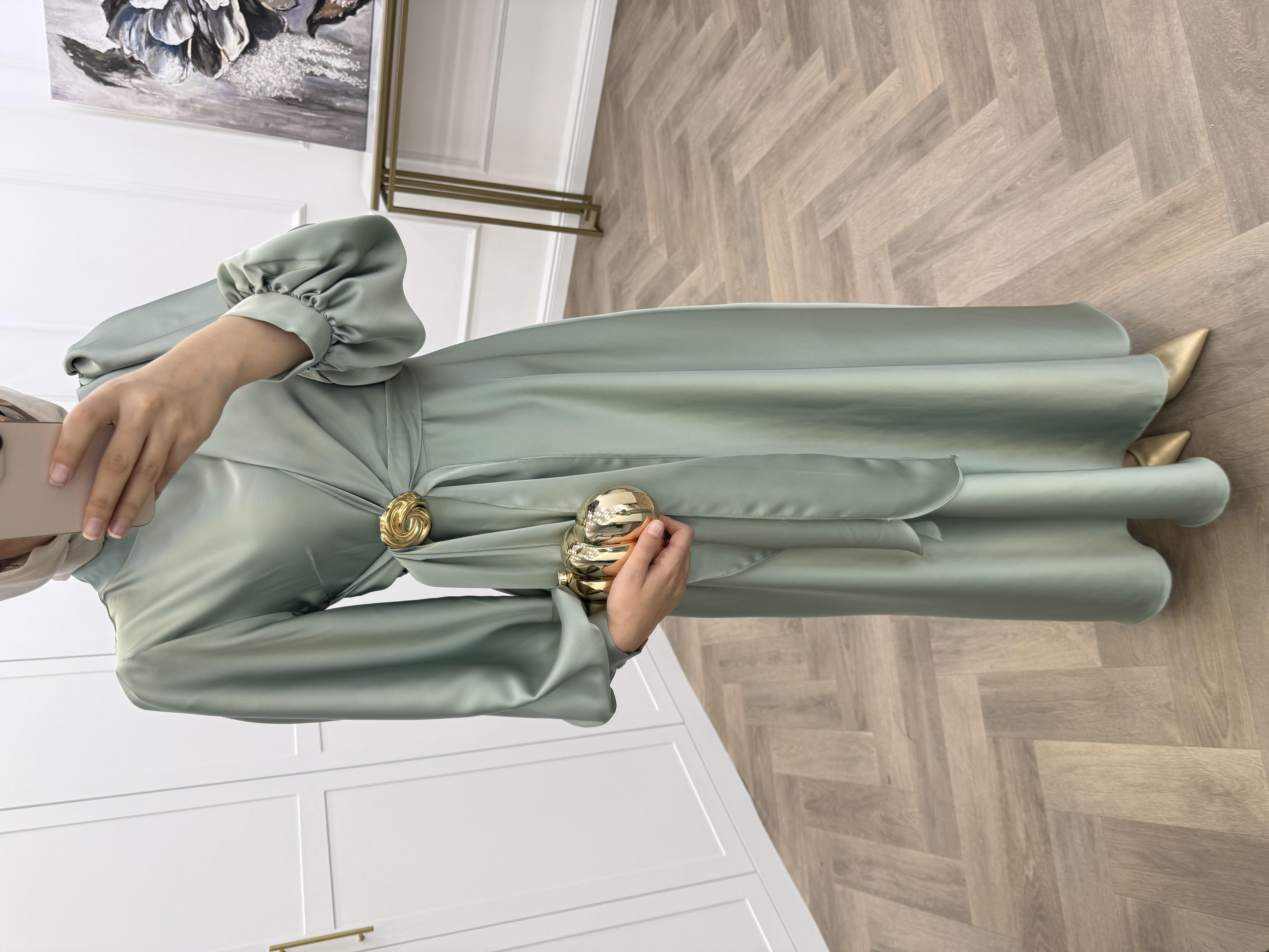 TOKALI SATEN ELBİSE MİNT