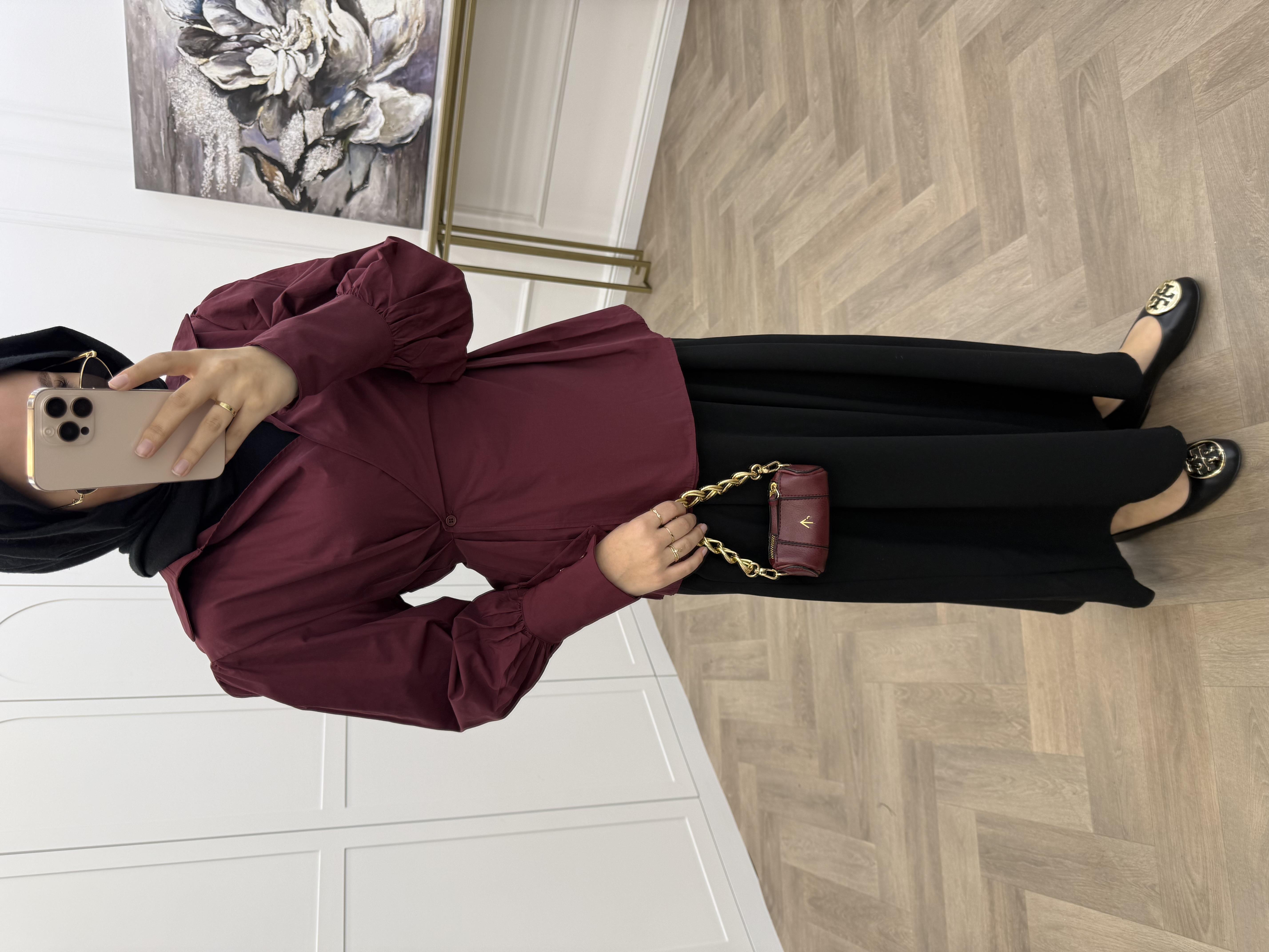 V YAKA ÖNDEN DÜĞMELİ POPLİN GÖMLEK BORDO