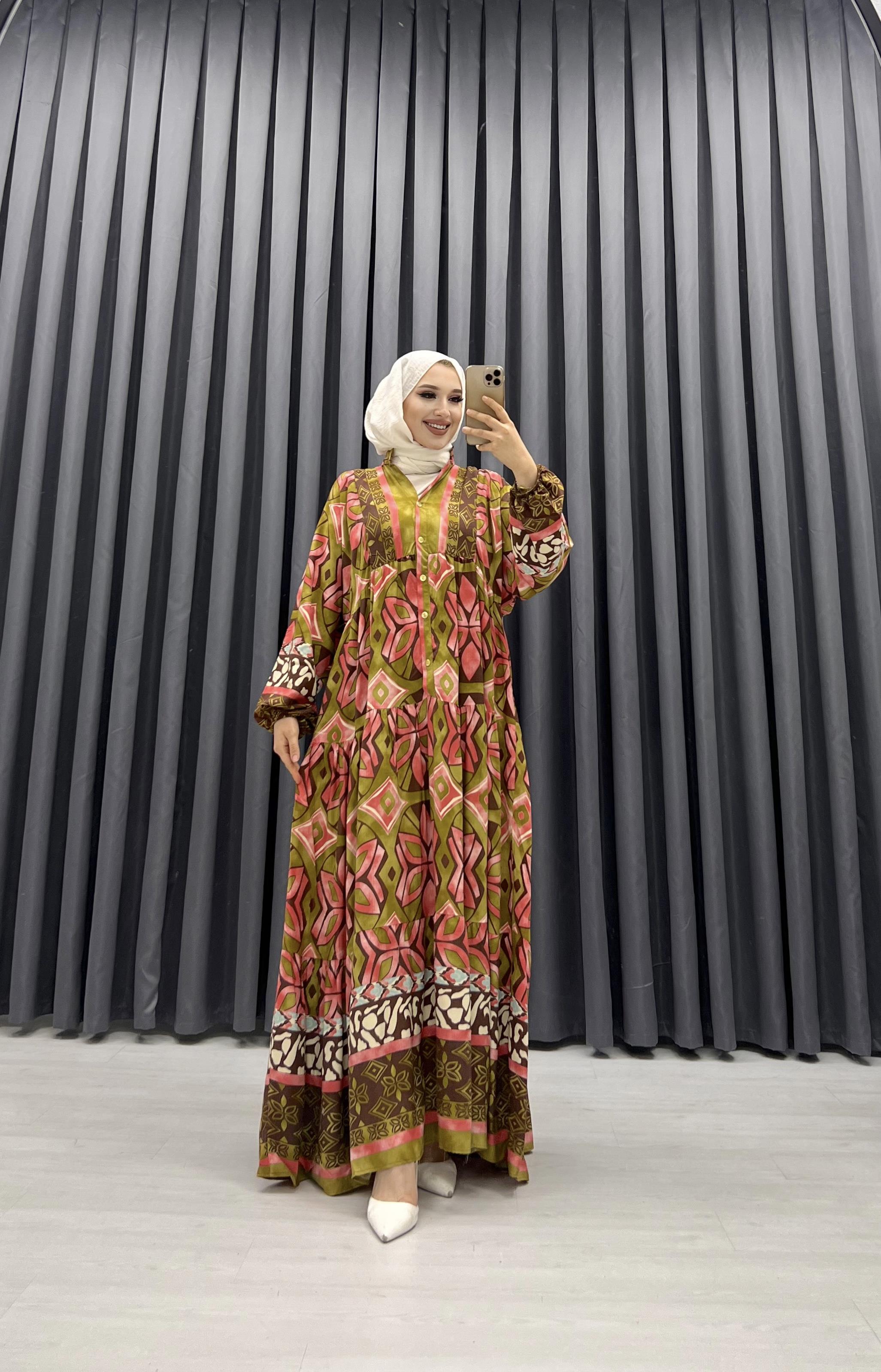 VİSKON DESENLİ ELBİSE PUDRA/YAĞ YEŞİLİ