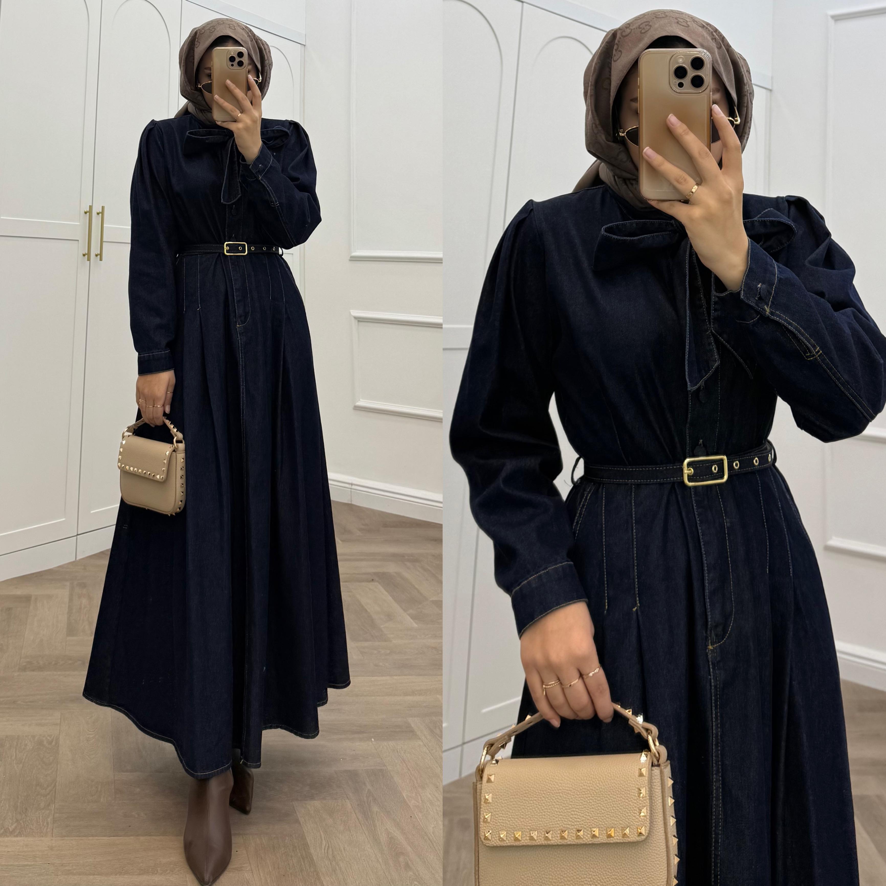 YAKA BAĞCIKLI DENİM ELBİSE LACİVERT