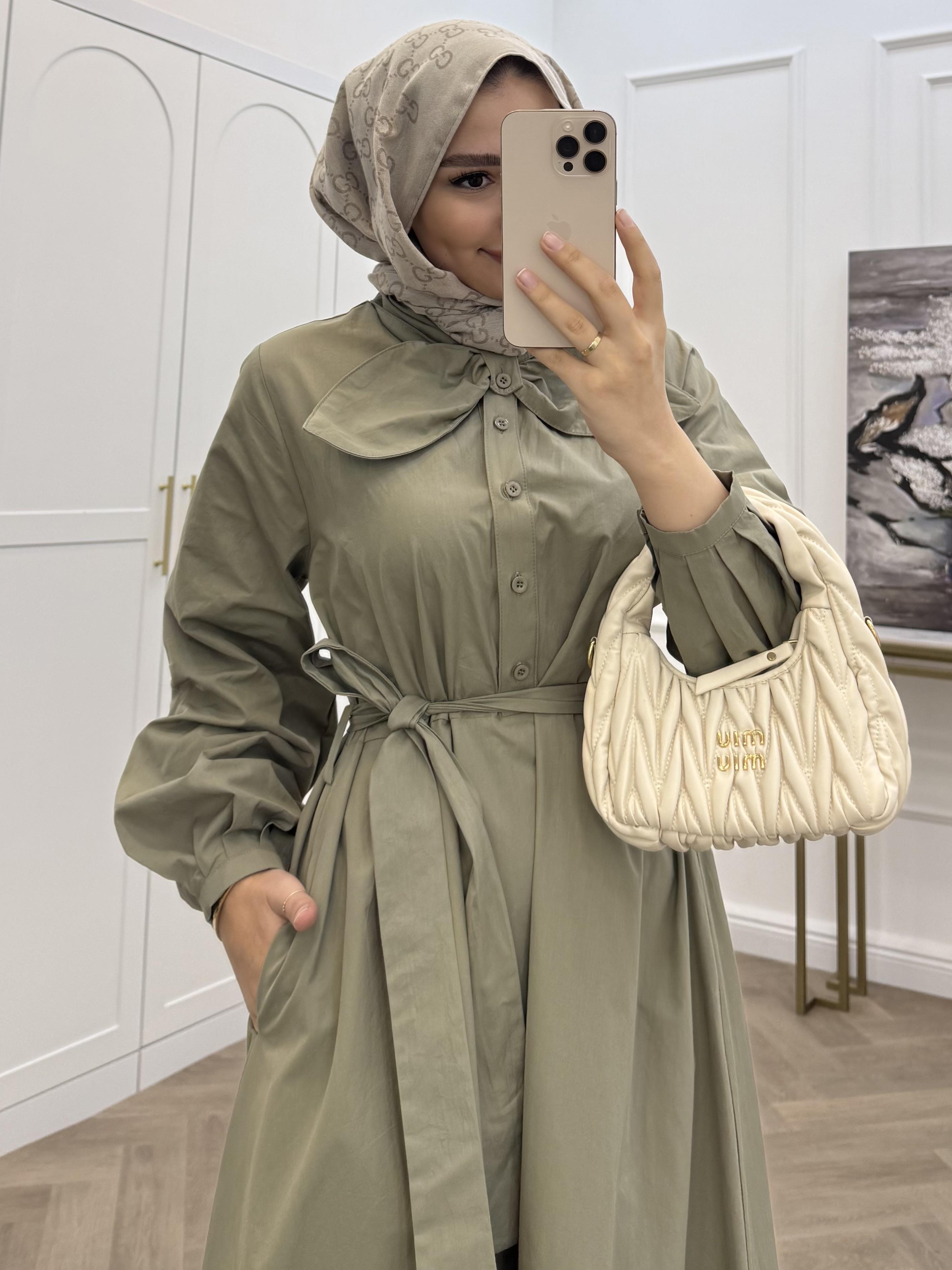 yaka bağcıklı poplin elbise haki