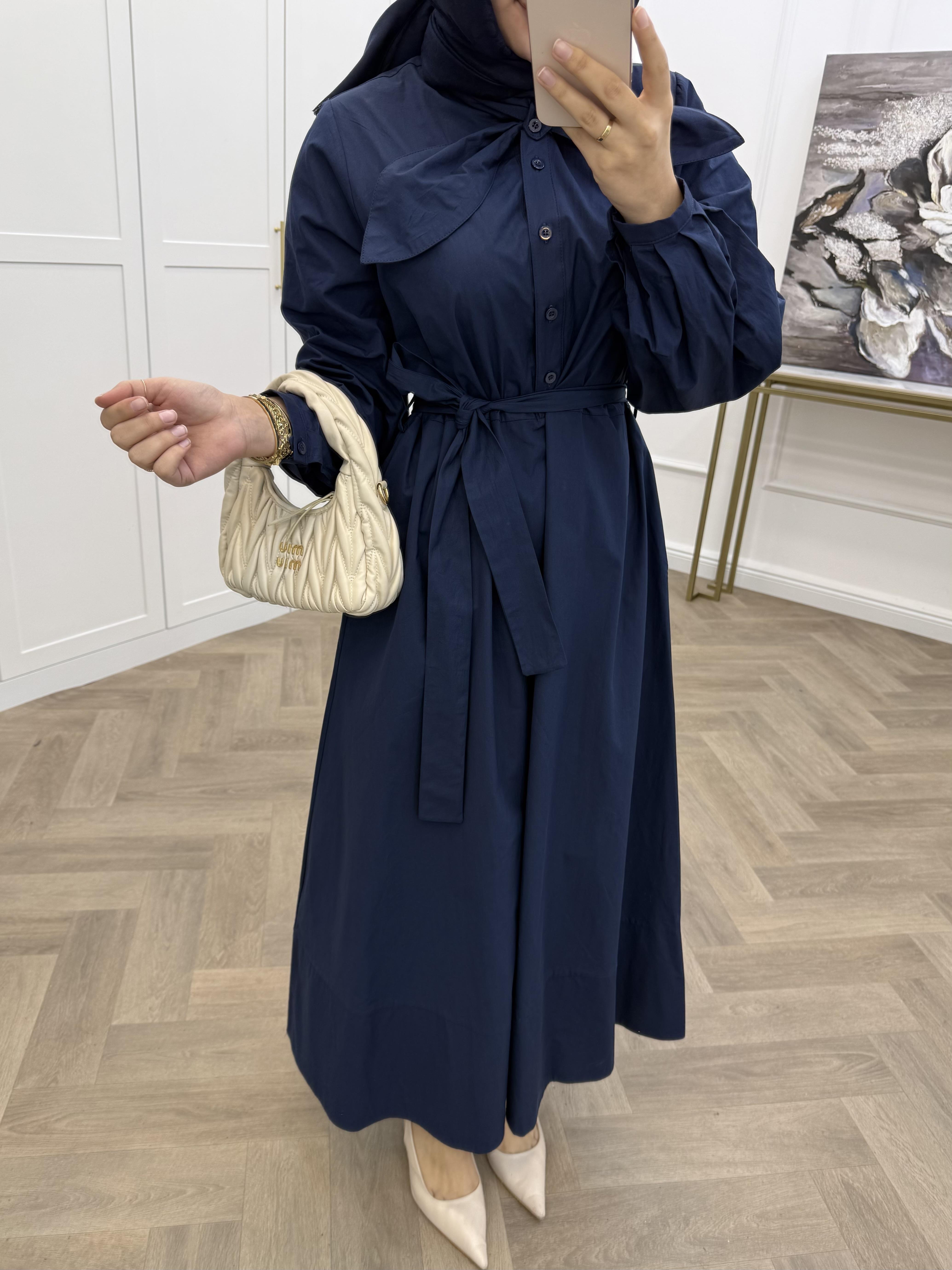 yaka bağcıklı poplin elbise lacivert