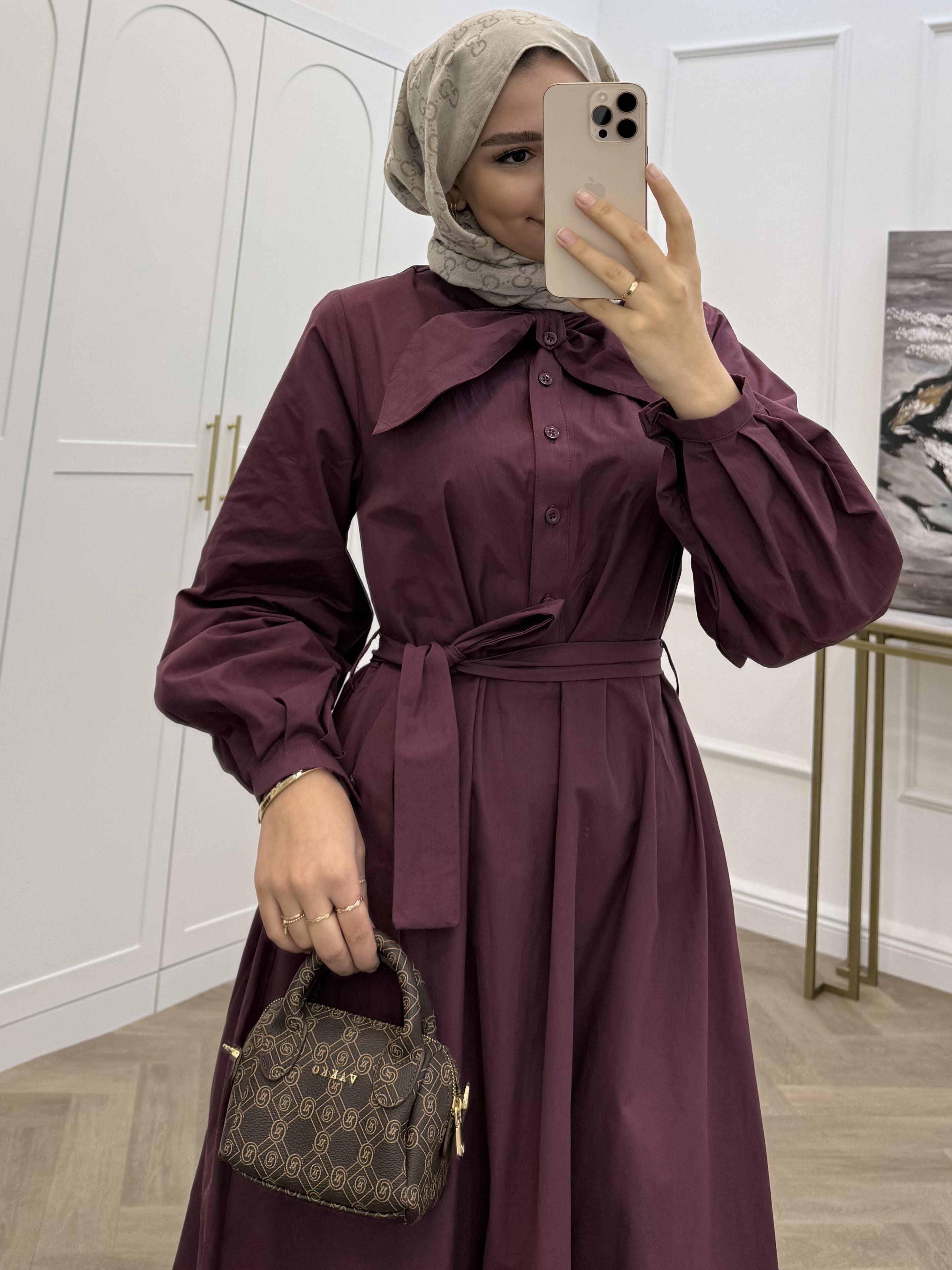 YAKA BAĞCIKLI POPLİN ELBİSE MÜRDÜM 