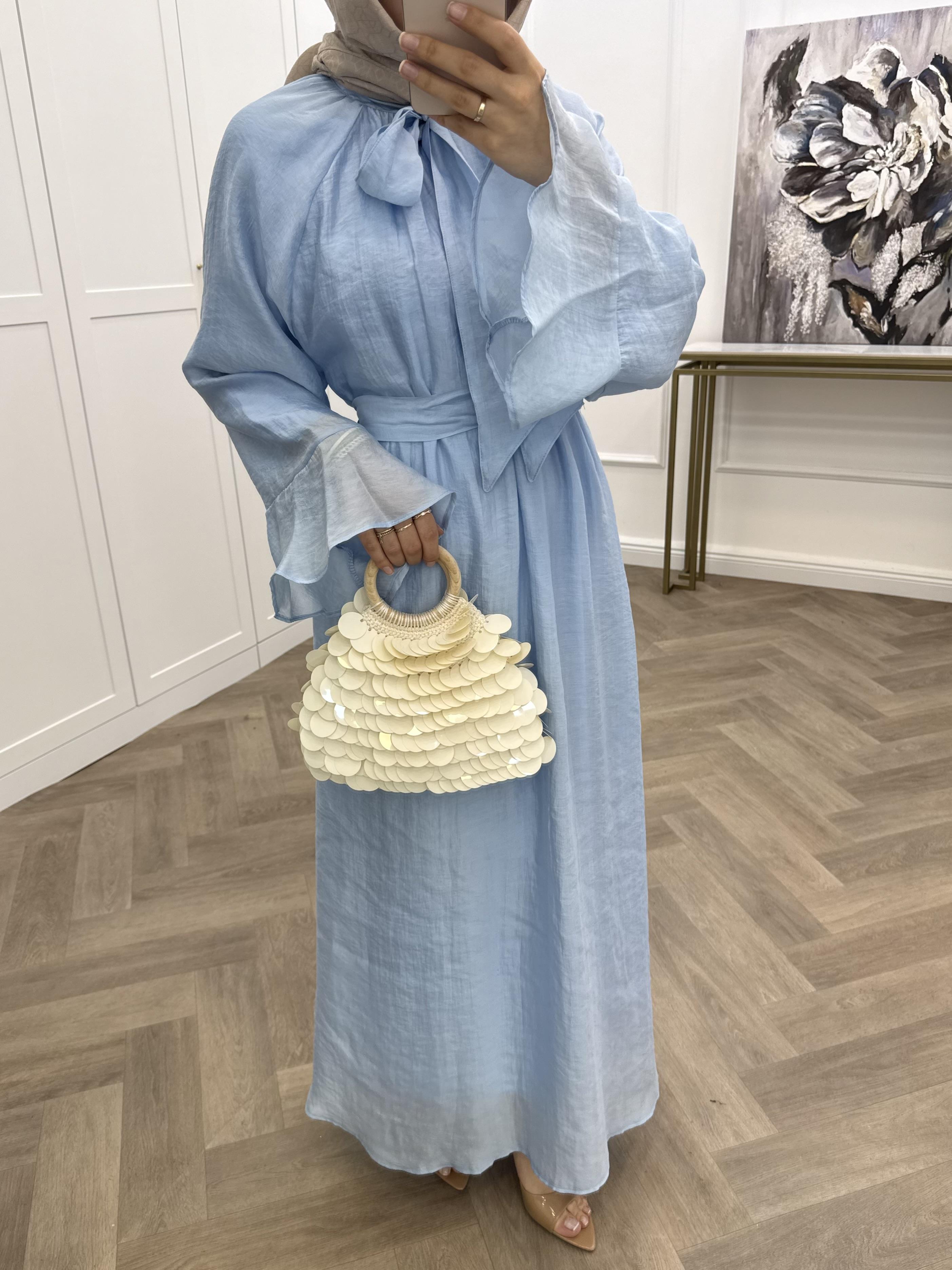 YAKA BAĞCIKLI ŞİFON ELBİSE BEBE MAVİSİ