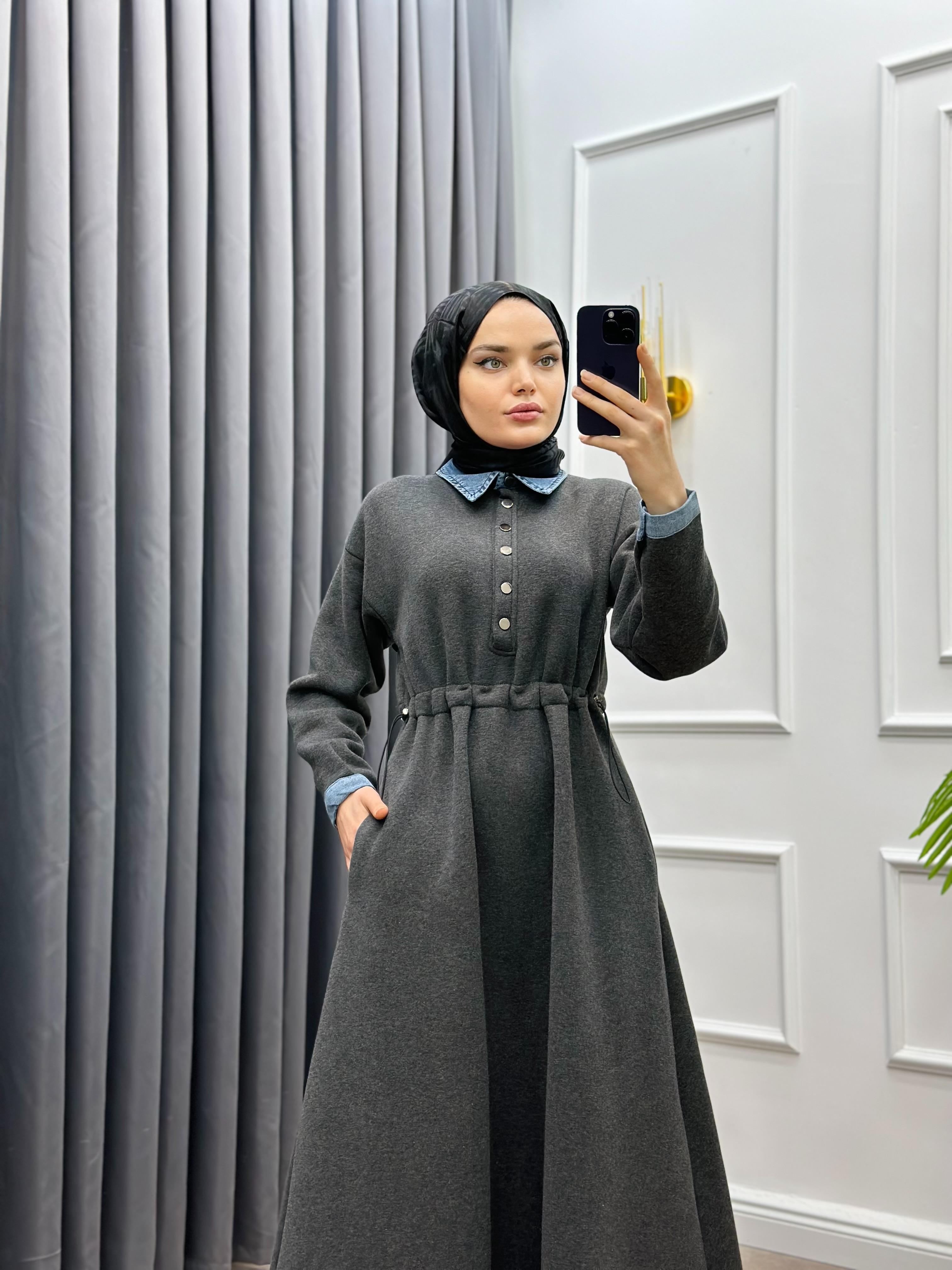 YAKA KOT DETAYLI STOPERLİ ELBİSE ANTRASİT