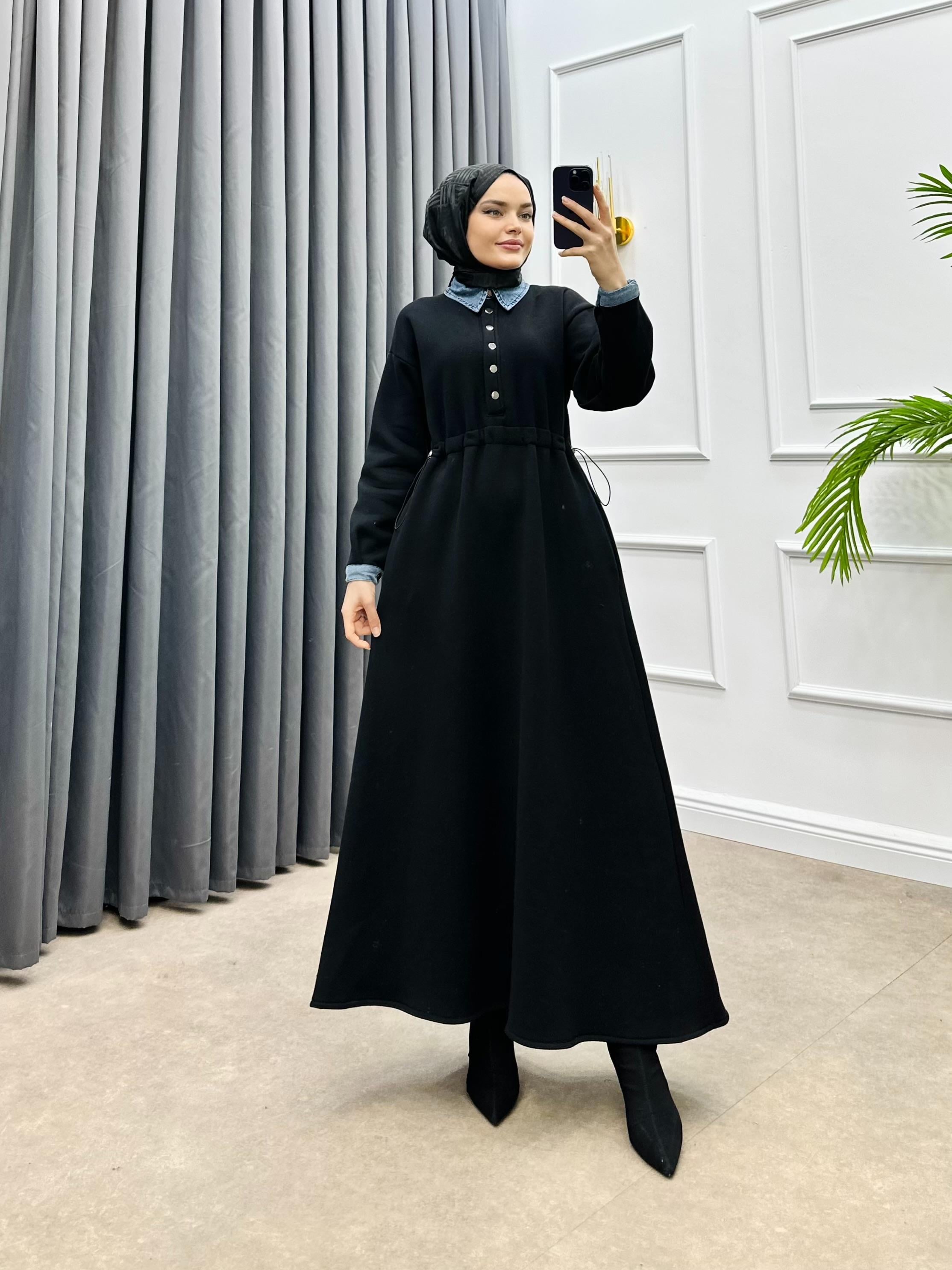 YAKA KOT DETAYLI STOPERLİ ELBİSE SİYAH