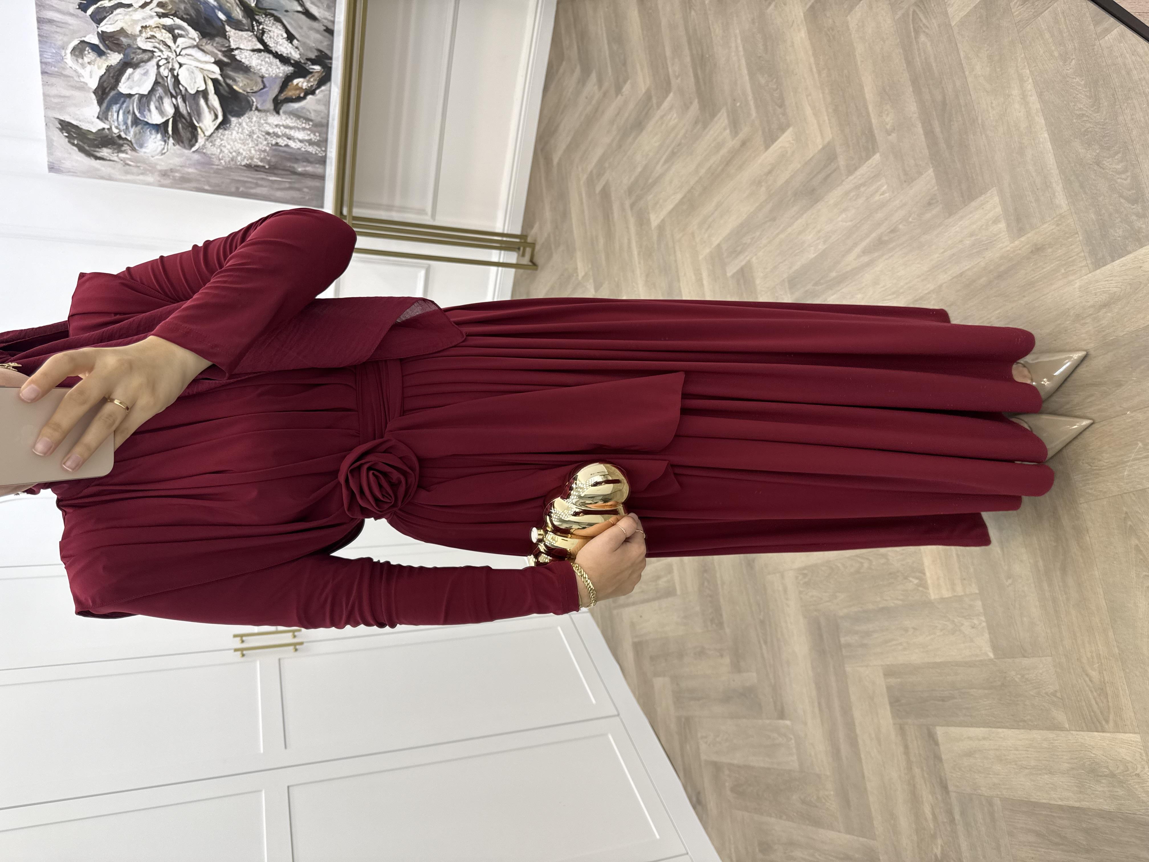 YAKASI ÇİÇEK DETAYLI SANDY ELBİSE BORDO