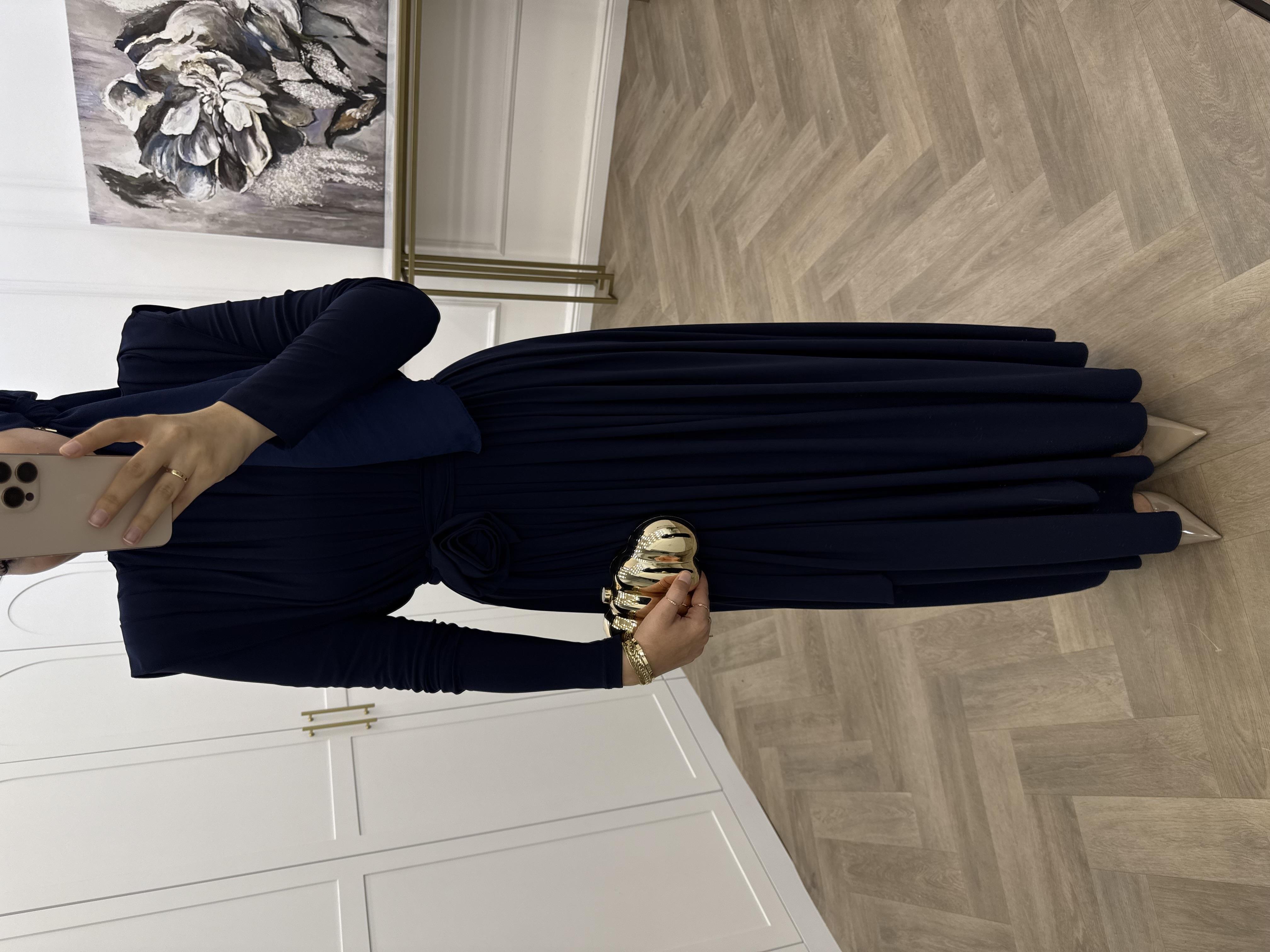 YAKASI ÇİÇEK DETAYLI SANDY ELBİSE LACİVERT