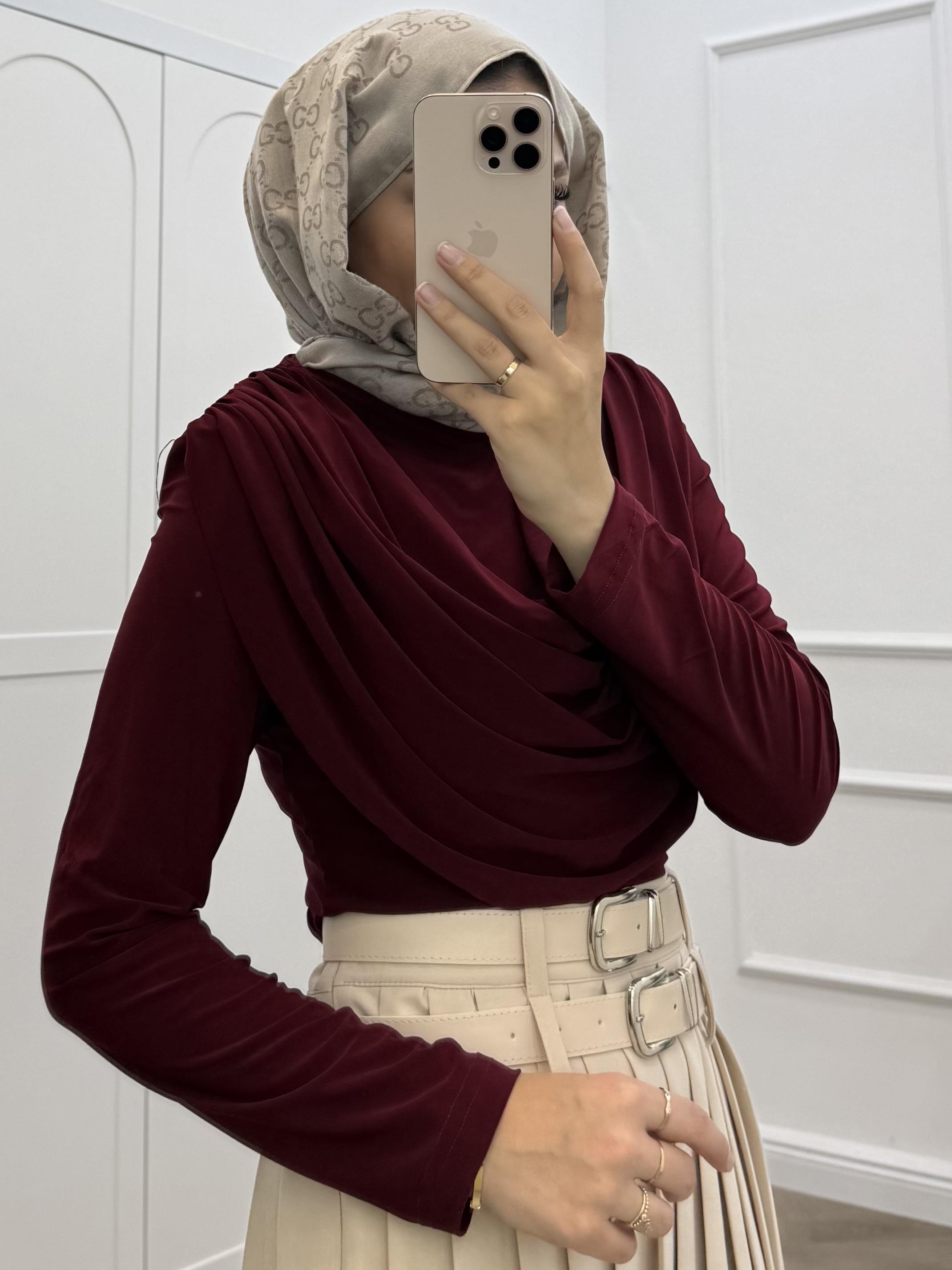 YAKASI DÖKÜMLÜ SANDY BLUZ BORDO