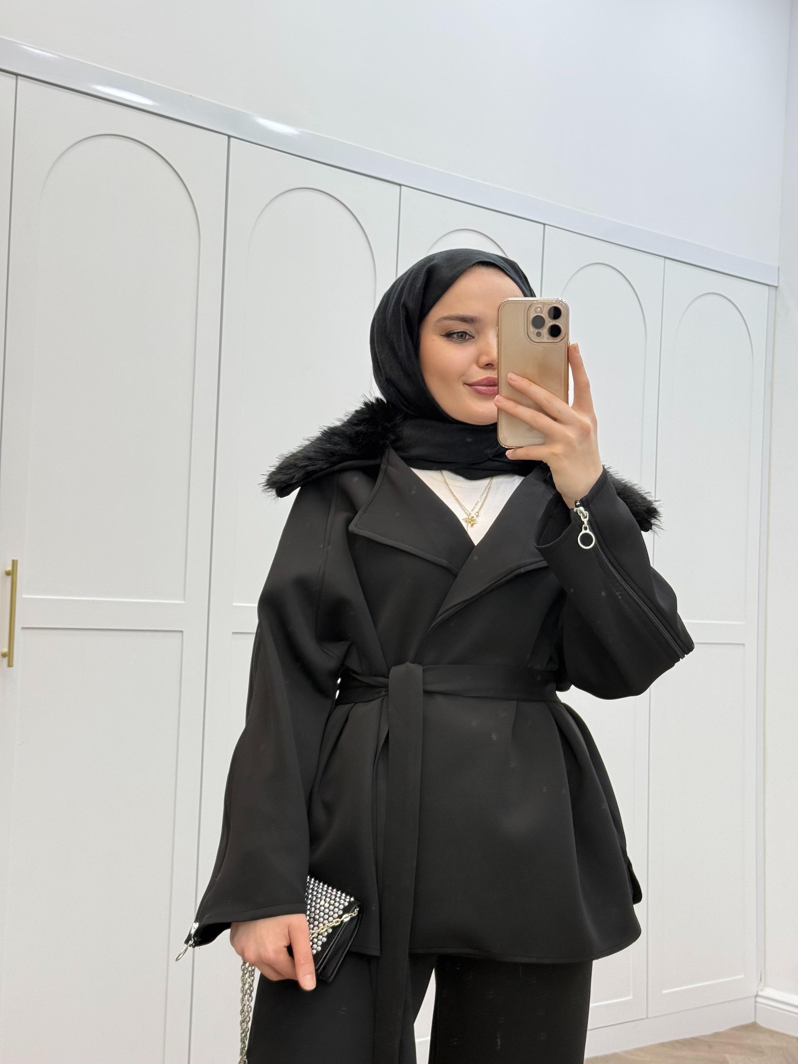 YAKASI KÜRKLÜ SCUBA TAKIM SİYAH