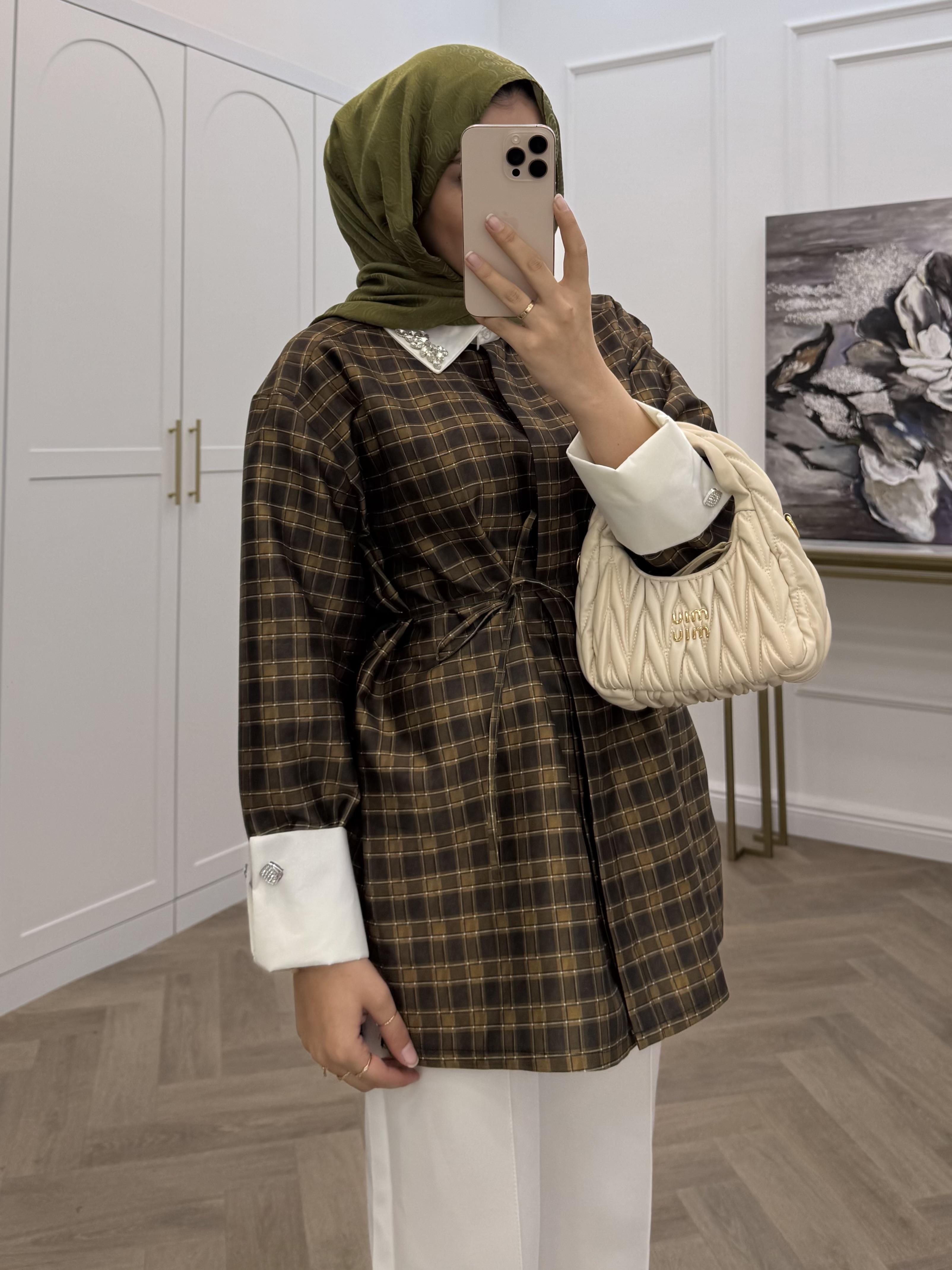 YAKASI TAŞLI EKOSE TUNİK  YAĞ YEŞİLİ