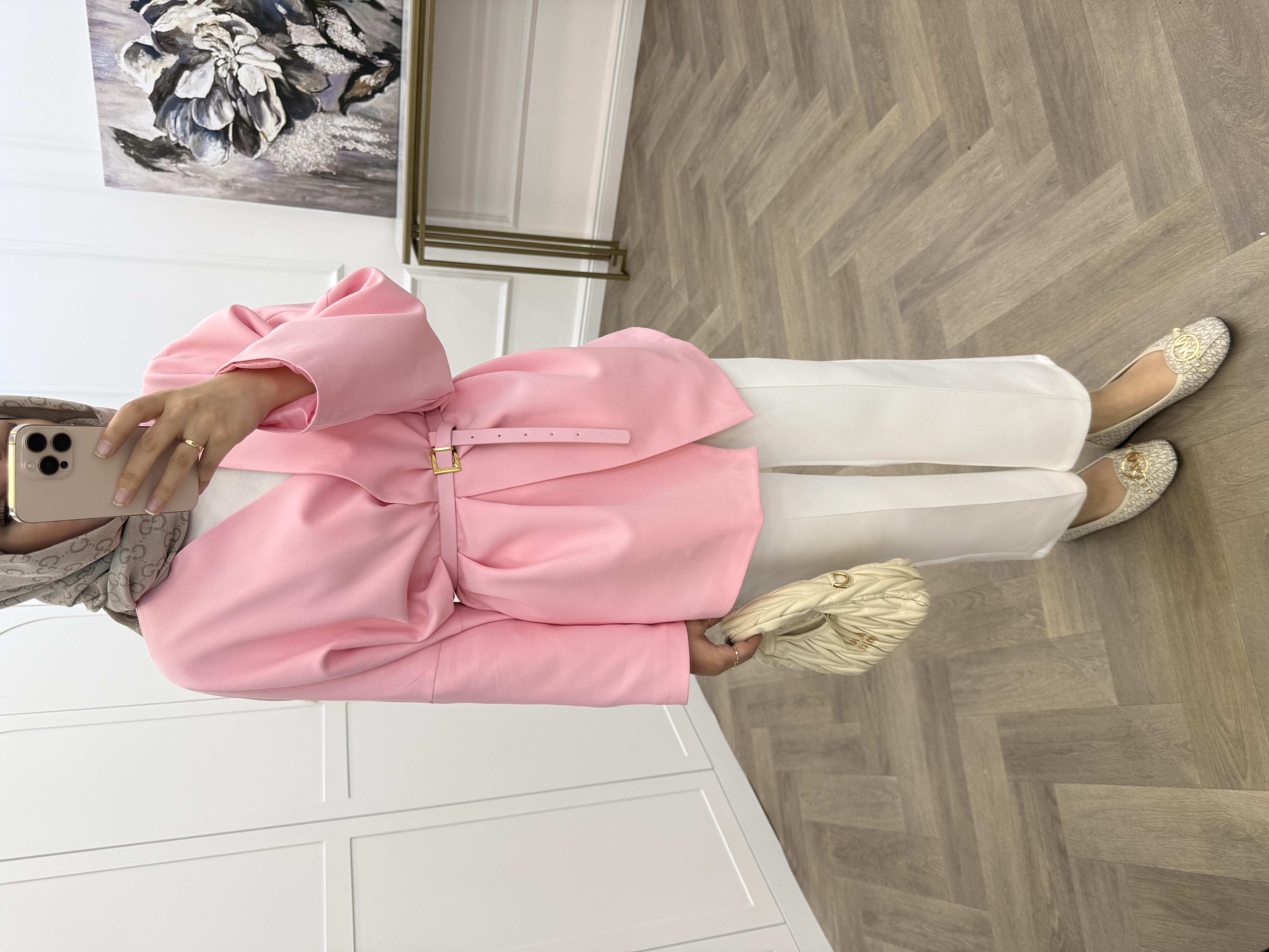 YAKASIZ KEMER DETAY CEKET PEMBE