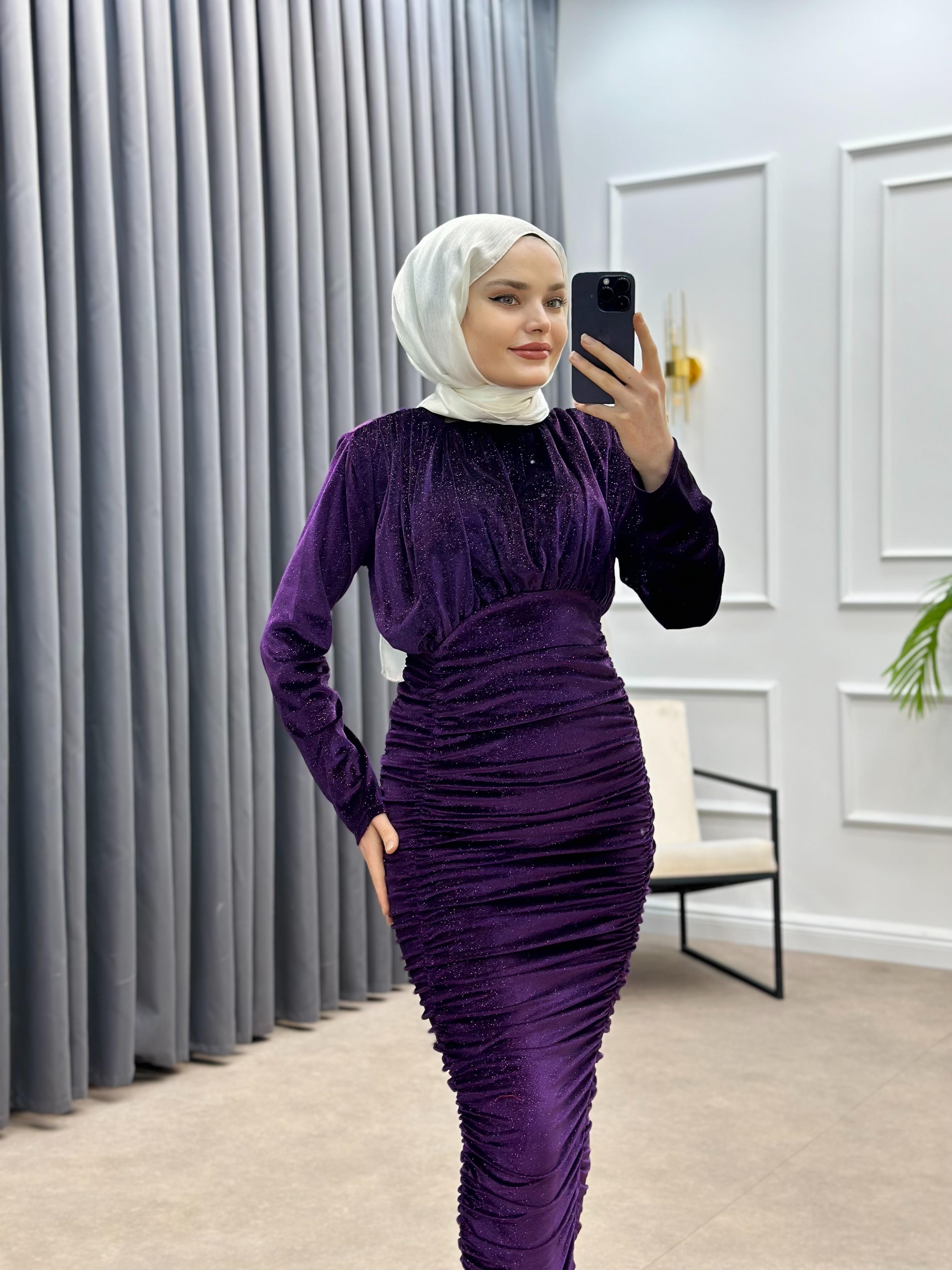 YANDAN BÜZGÜLÜ KADİFE ELBİSE MOR