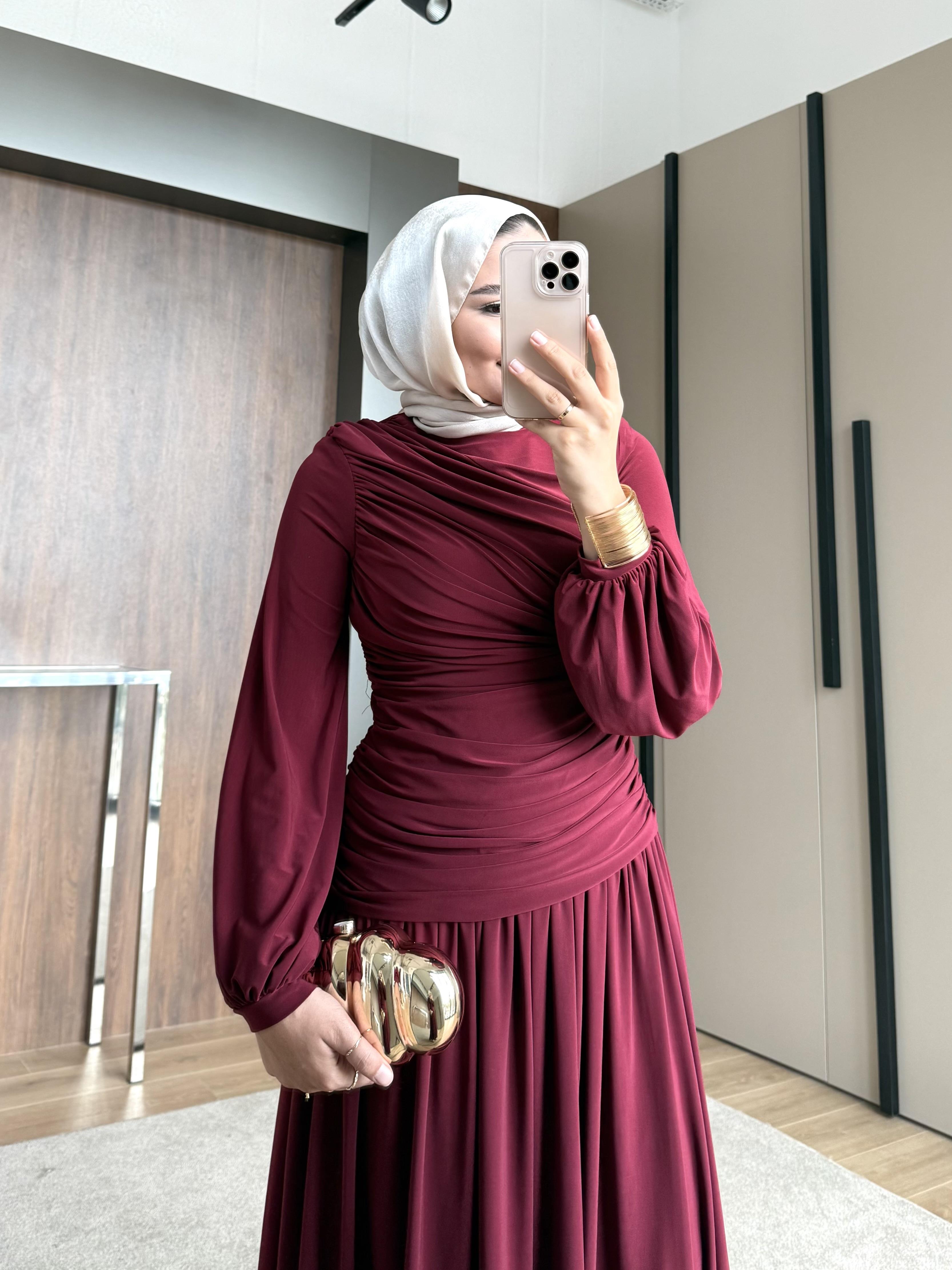 YANDAN BÜZGÜLÜ SANDY ELBİSE BORDO