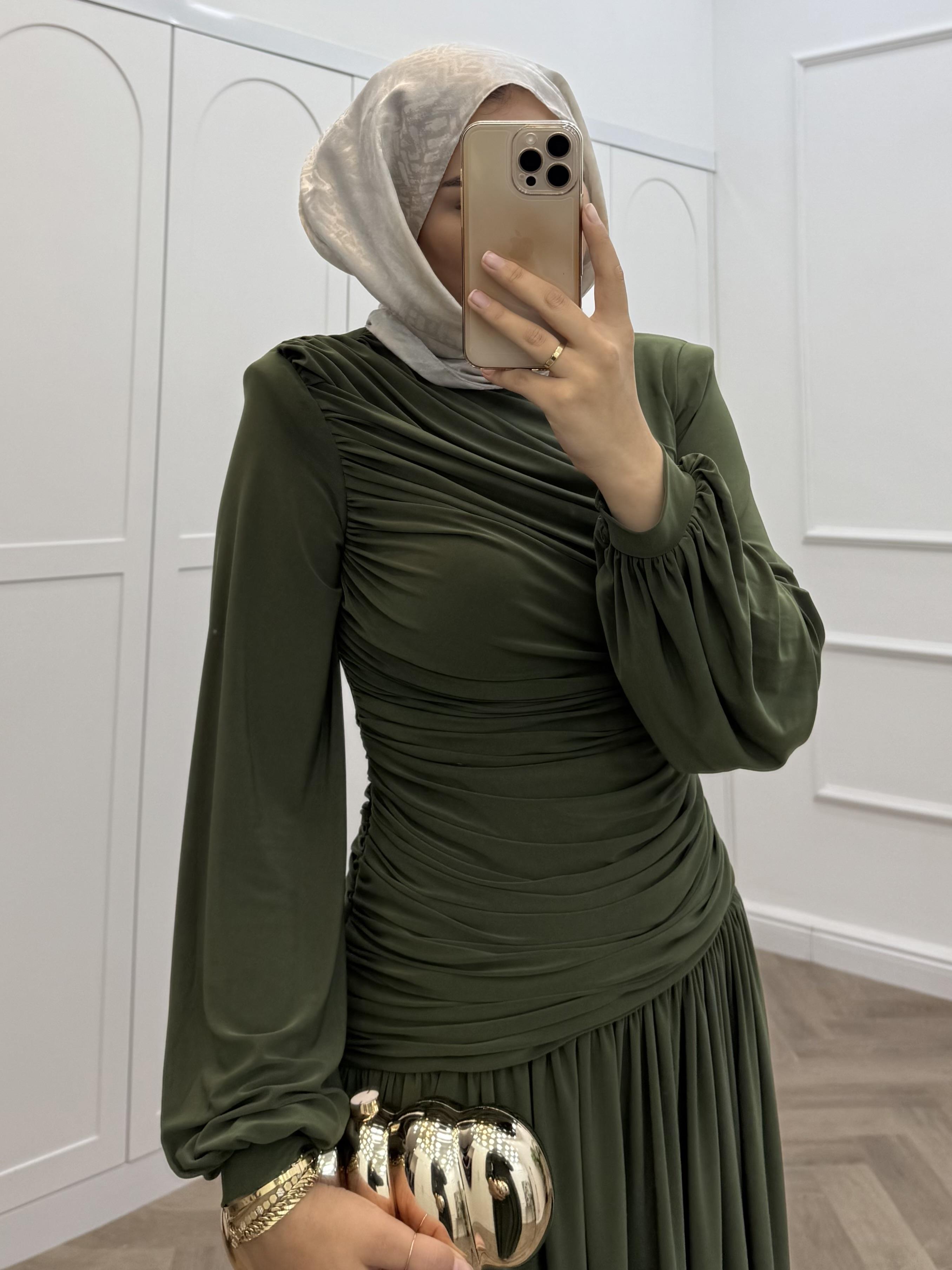 YANDAN BÜZGÜLÜ SANDY ELBİSE HAKİ