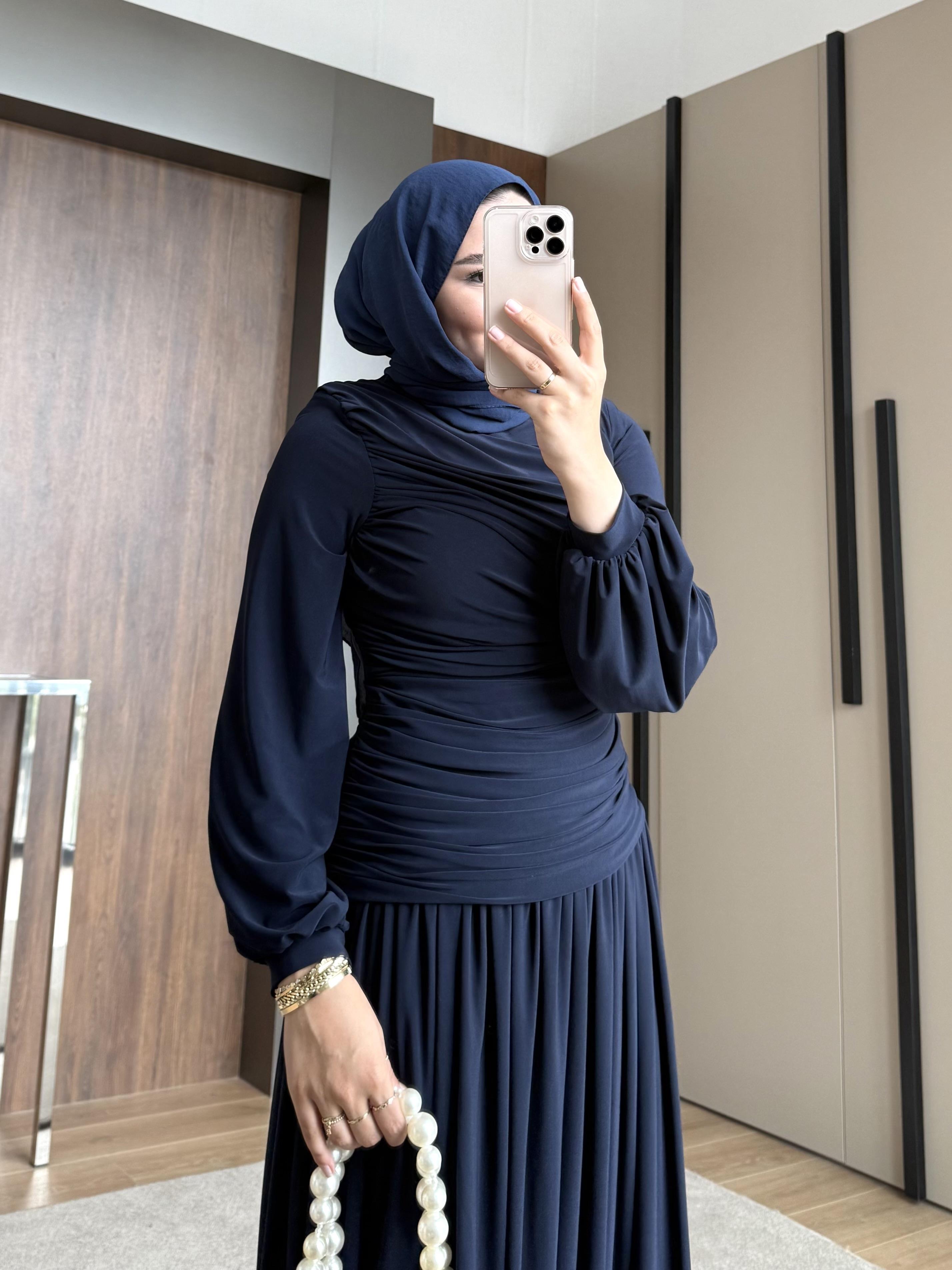 YANDAN BÜZGÜLÜ SANDY ELBİSE LACİVERT