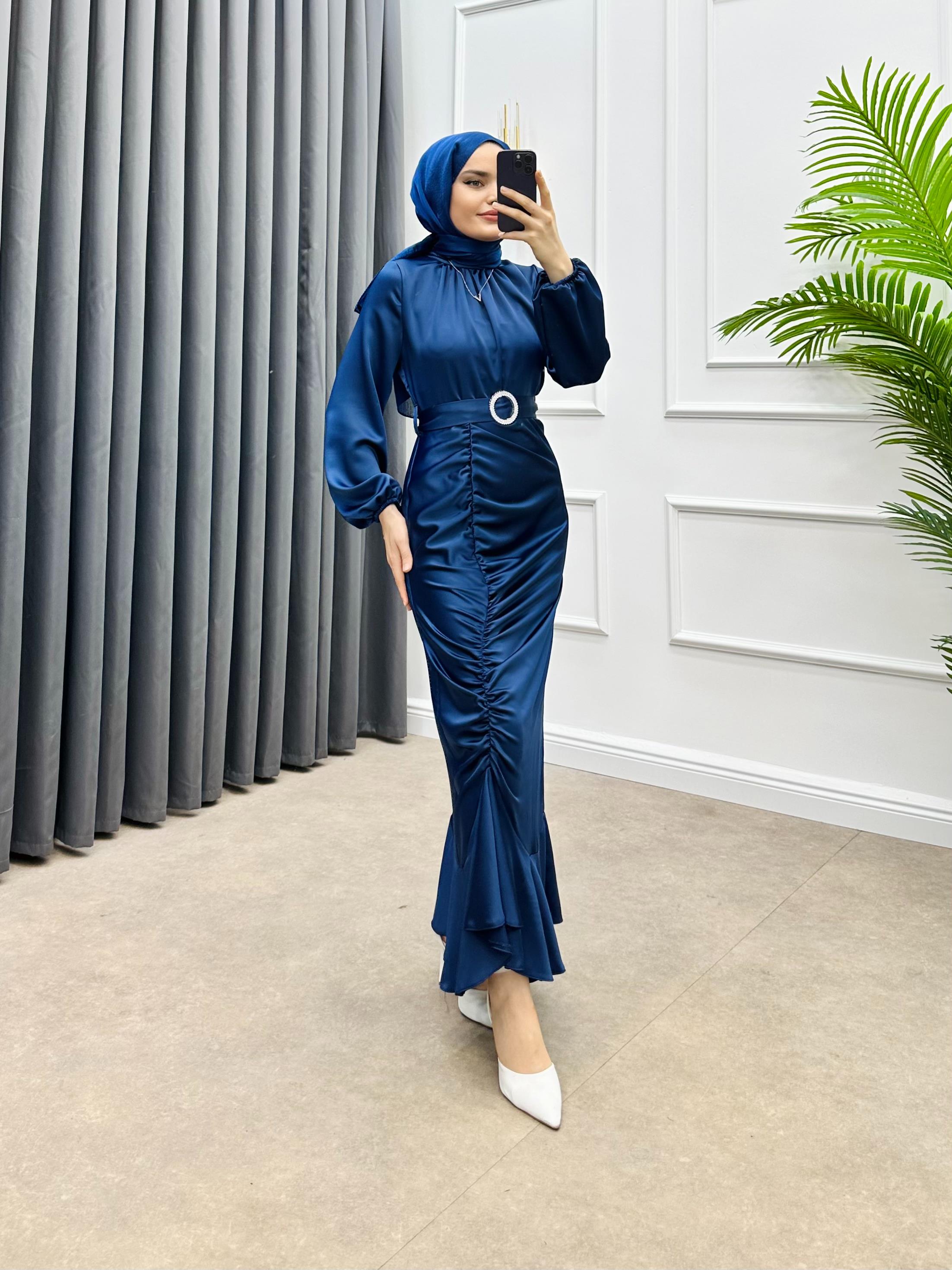 YANDAN BÜZGÜLÜ SATEN ABİYE LACİVERT