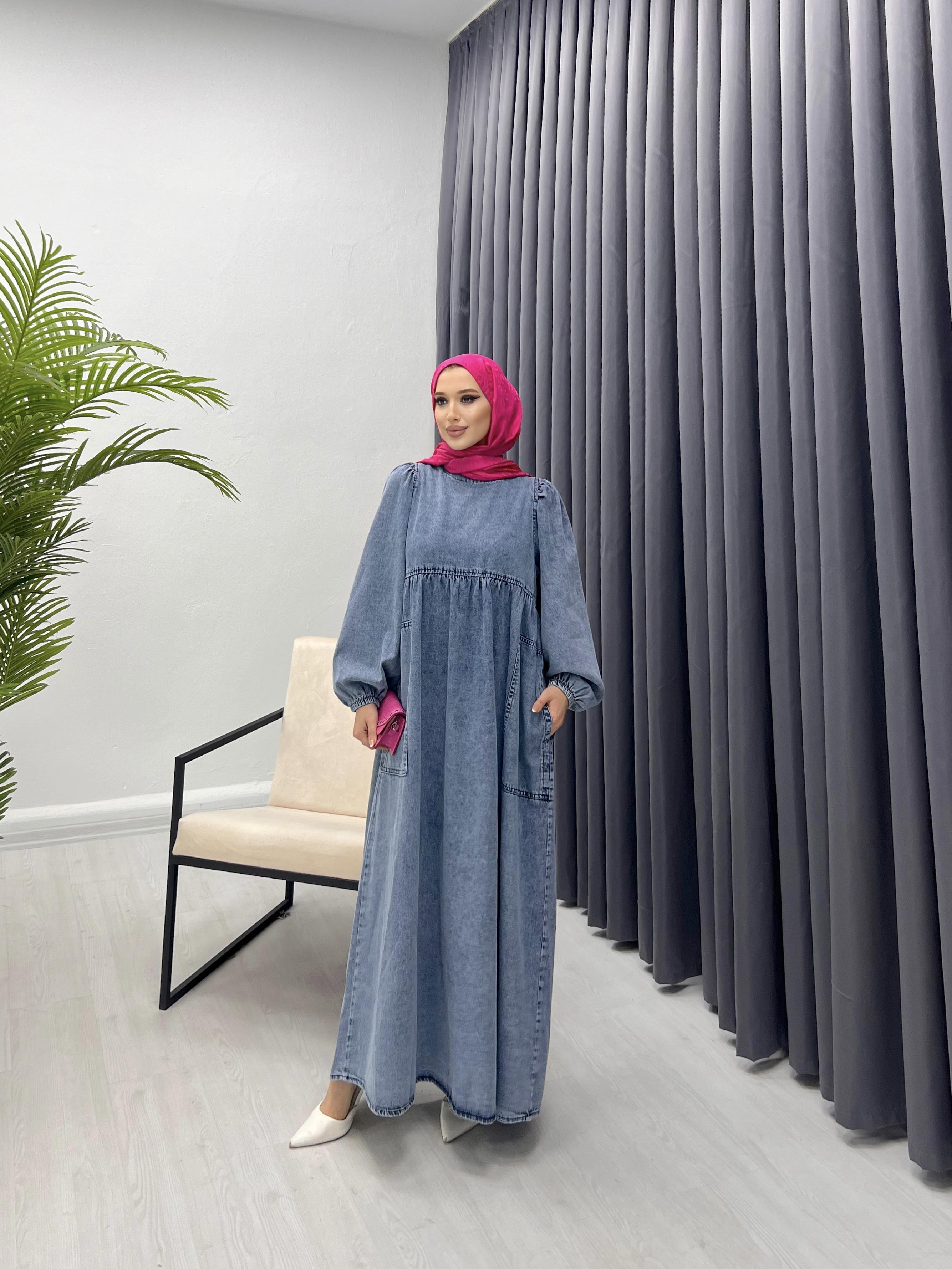 YANDAN CEP TORBALI DENİM ELBİSE MAVİ