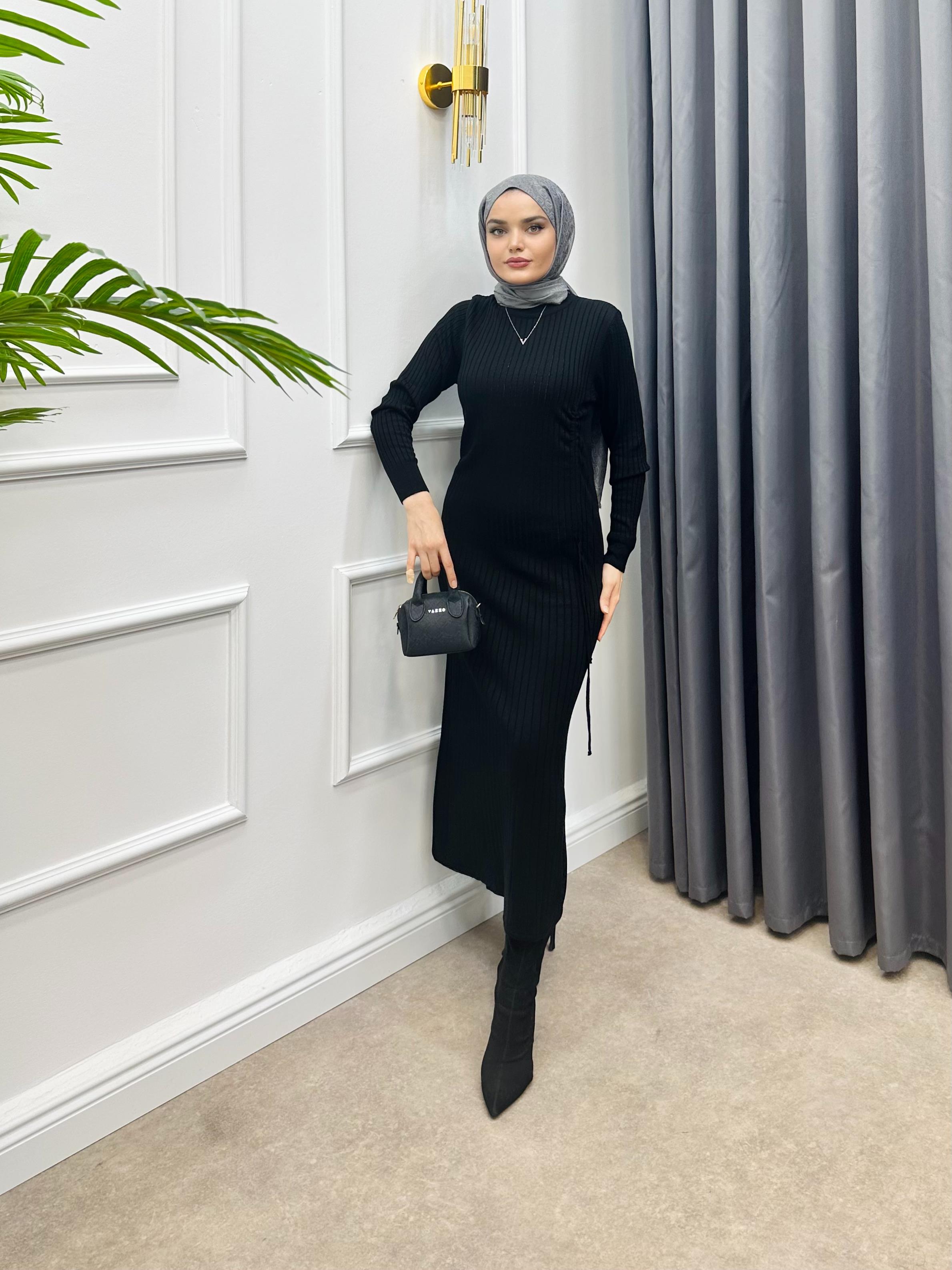 YANDAN İP DETAYLI TRİKO ELBİSE SİYAH