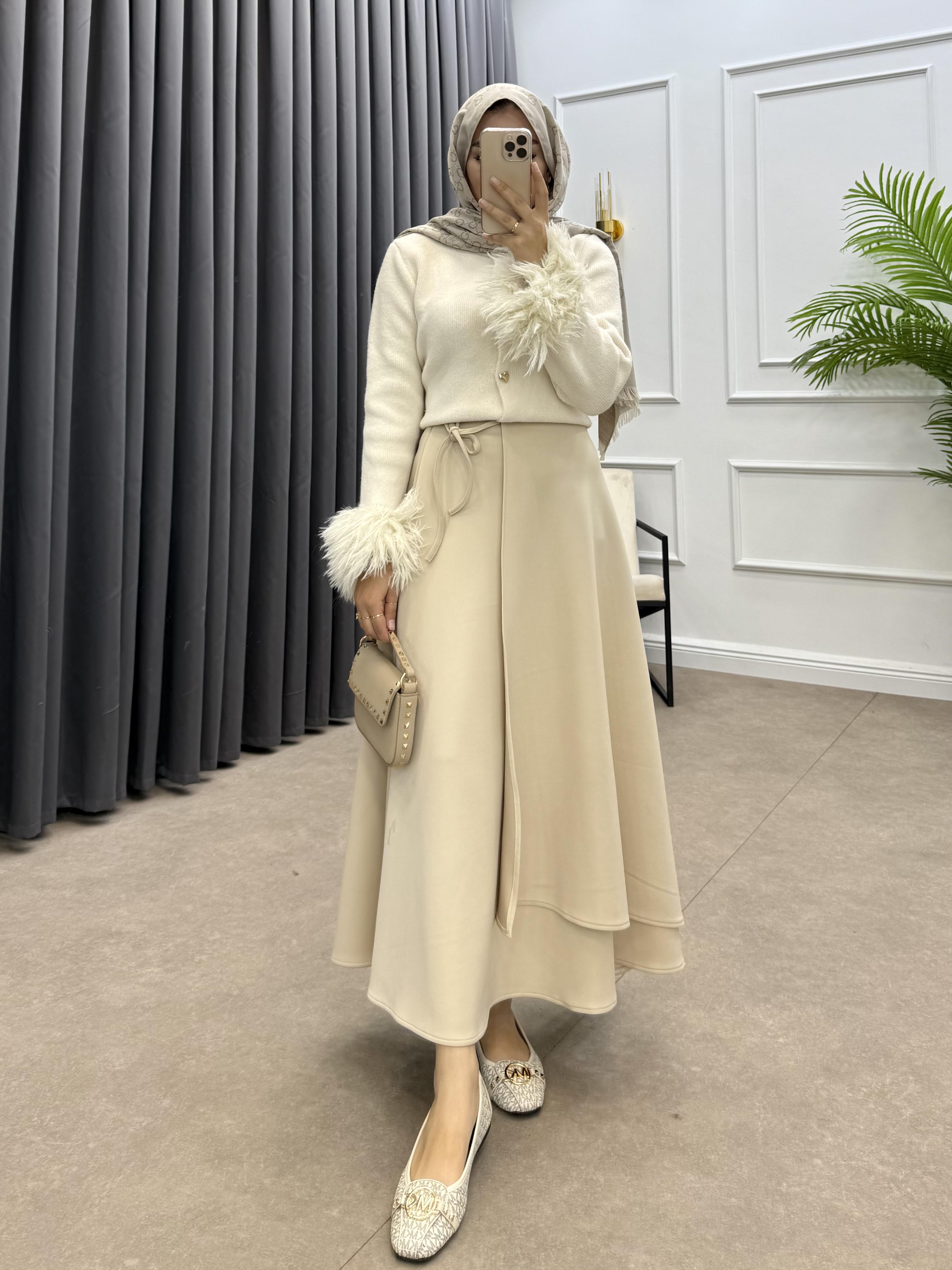 YANDAN İPLE BAĞLAMALI SCUBA ETEK BEJ