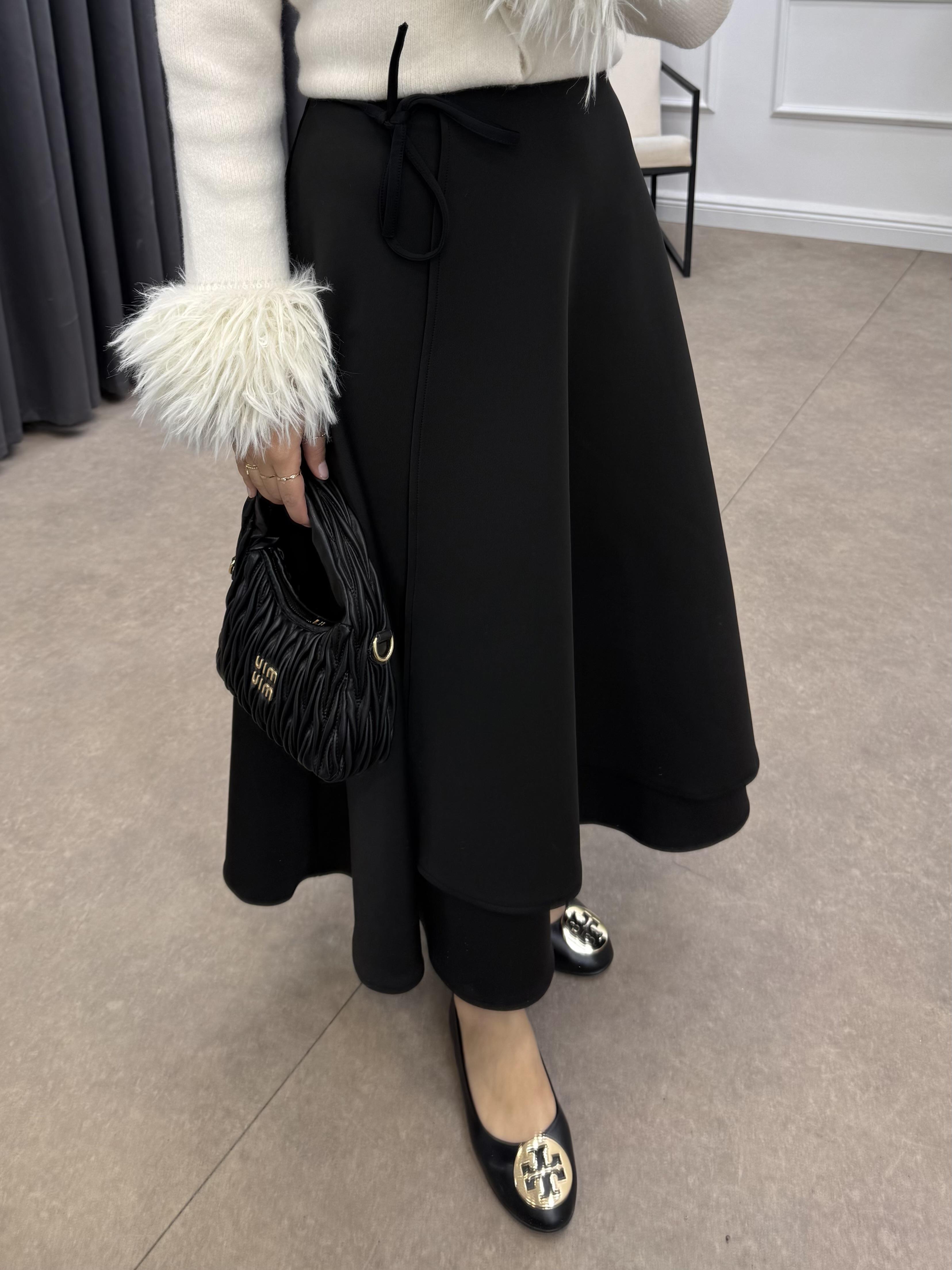 YANDAN İPLE BAĞLAMALI SCUBA ETEK  SİYAH