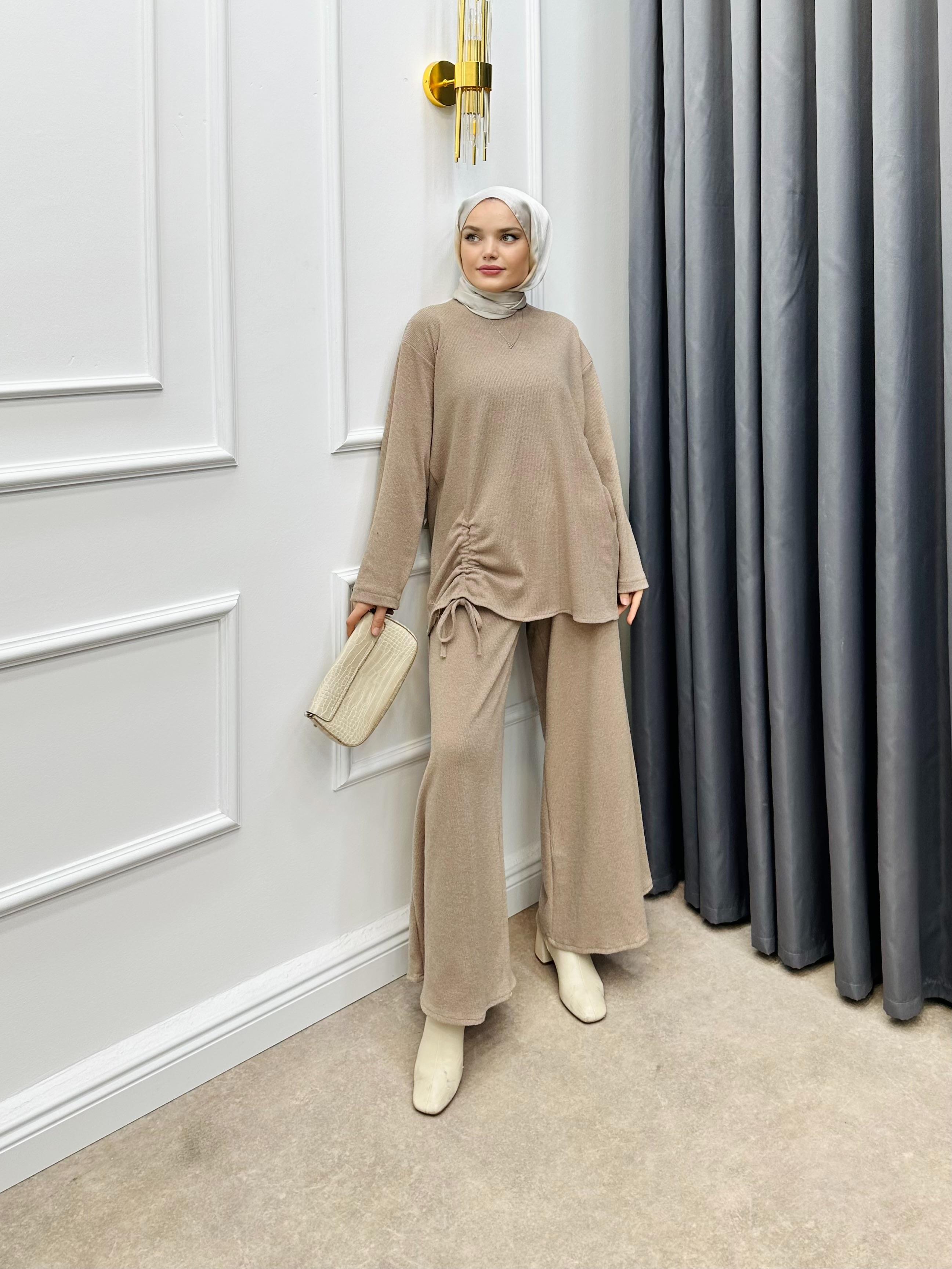 YANDAN İPLİ İKİLİ TAKIM BEJ