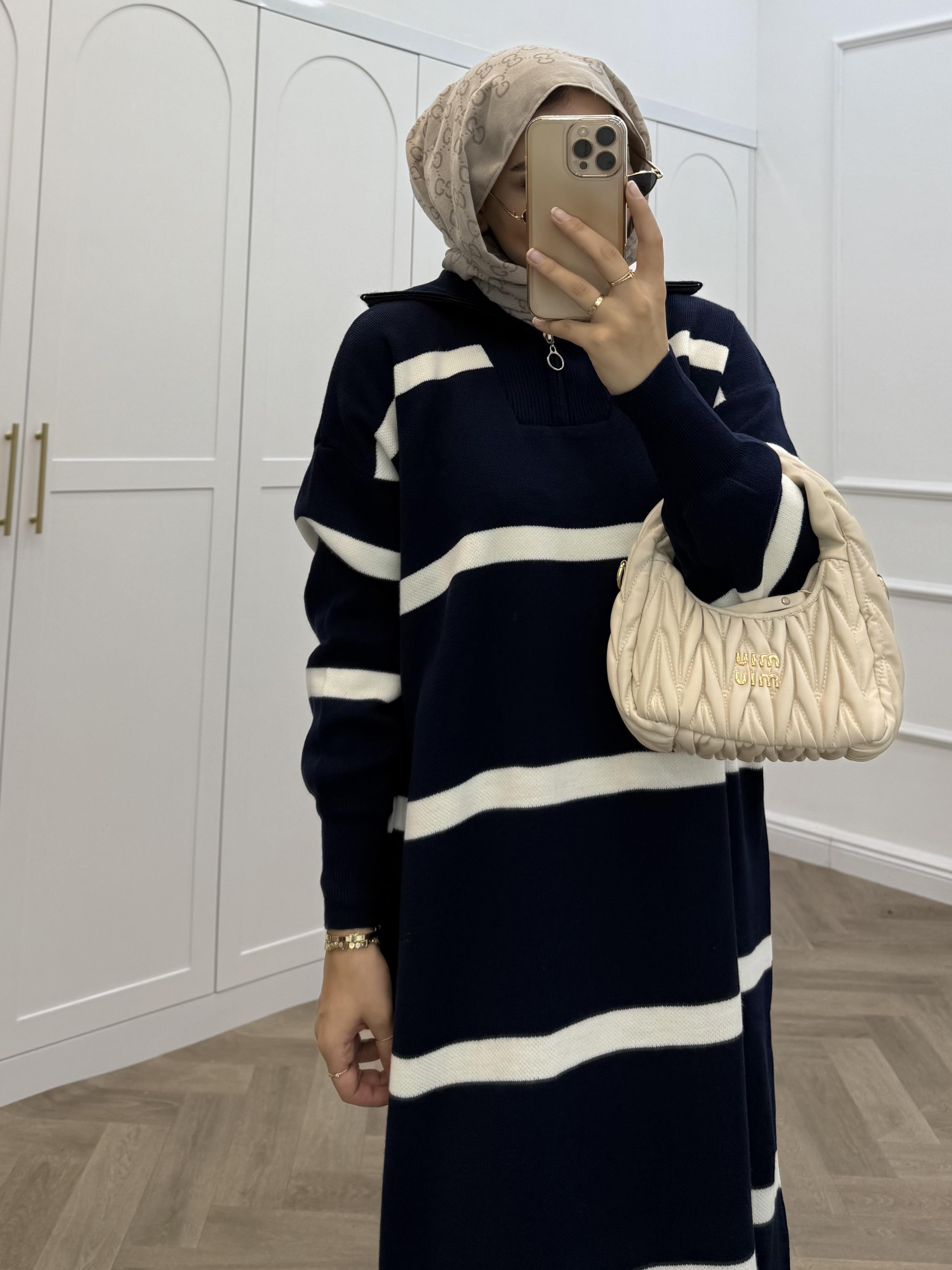 YARIM FERMUARLI ÇİZGİLİ TRİKO ELBİSE LACİVERT