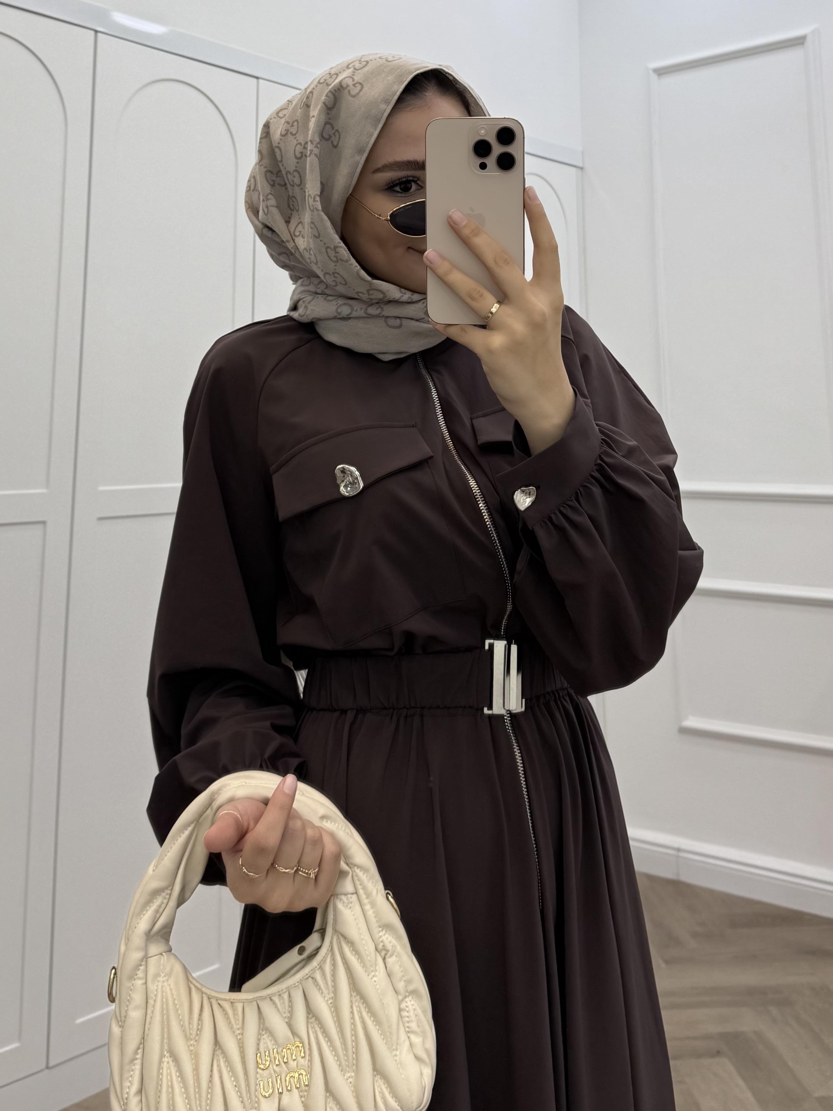 YARIM FERMUARLI PARAŞÜT ELBİSE KAHVE 