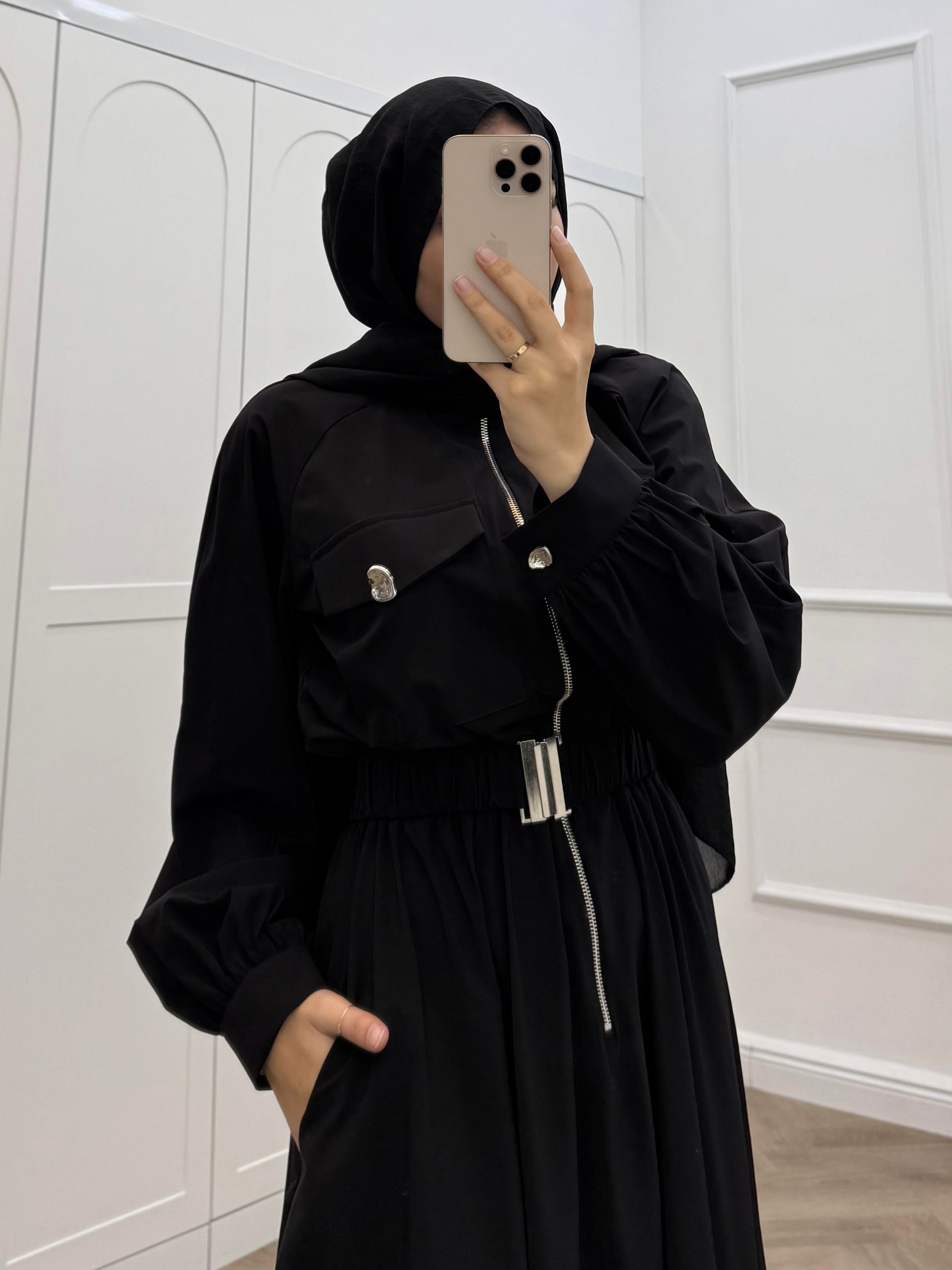 YARIM FERMUARLI PARAŞÜT ELBİSE SİYAH 