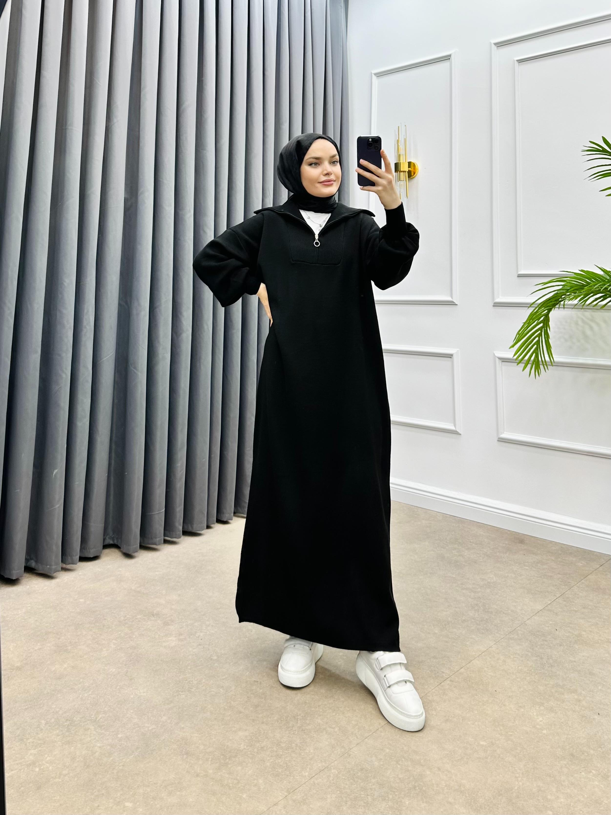 YARIM FERMUARLI TRİKO ELBİSE SİYAH