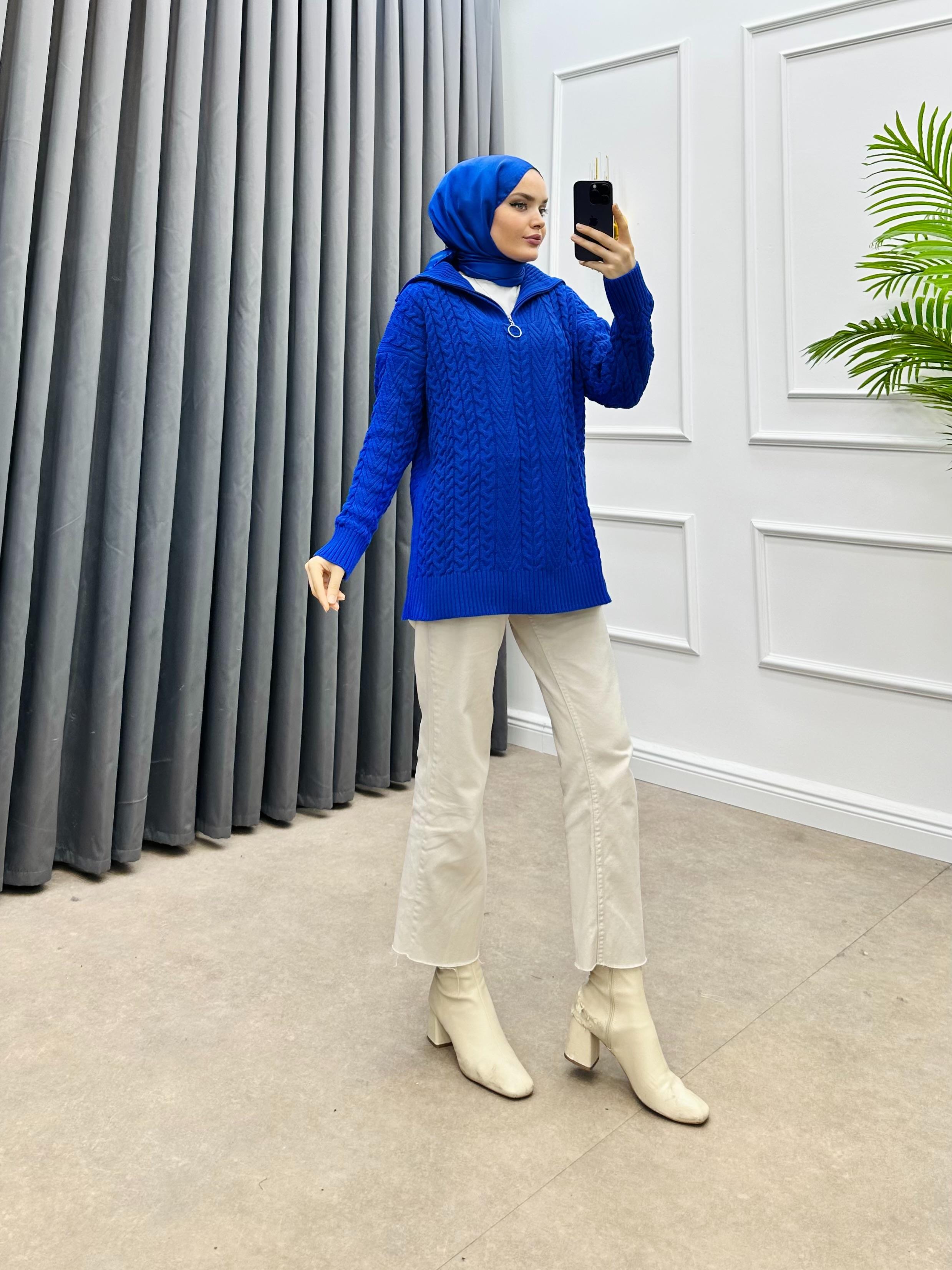 YARIM FERMUARLI TRİKO KAZAK SAKS