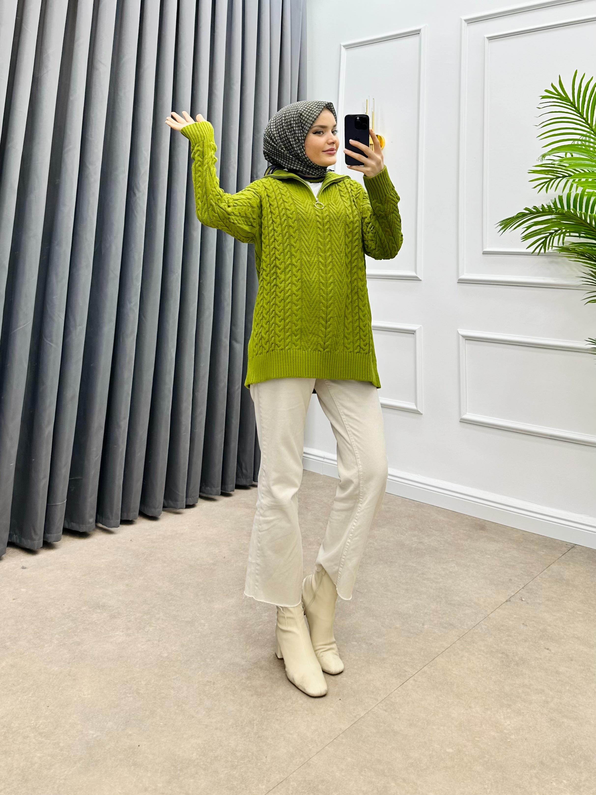 YARIM FERMUARLI TRİKO KAZAK YAĞ YEŞİLİ