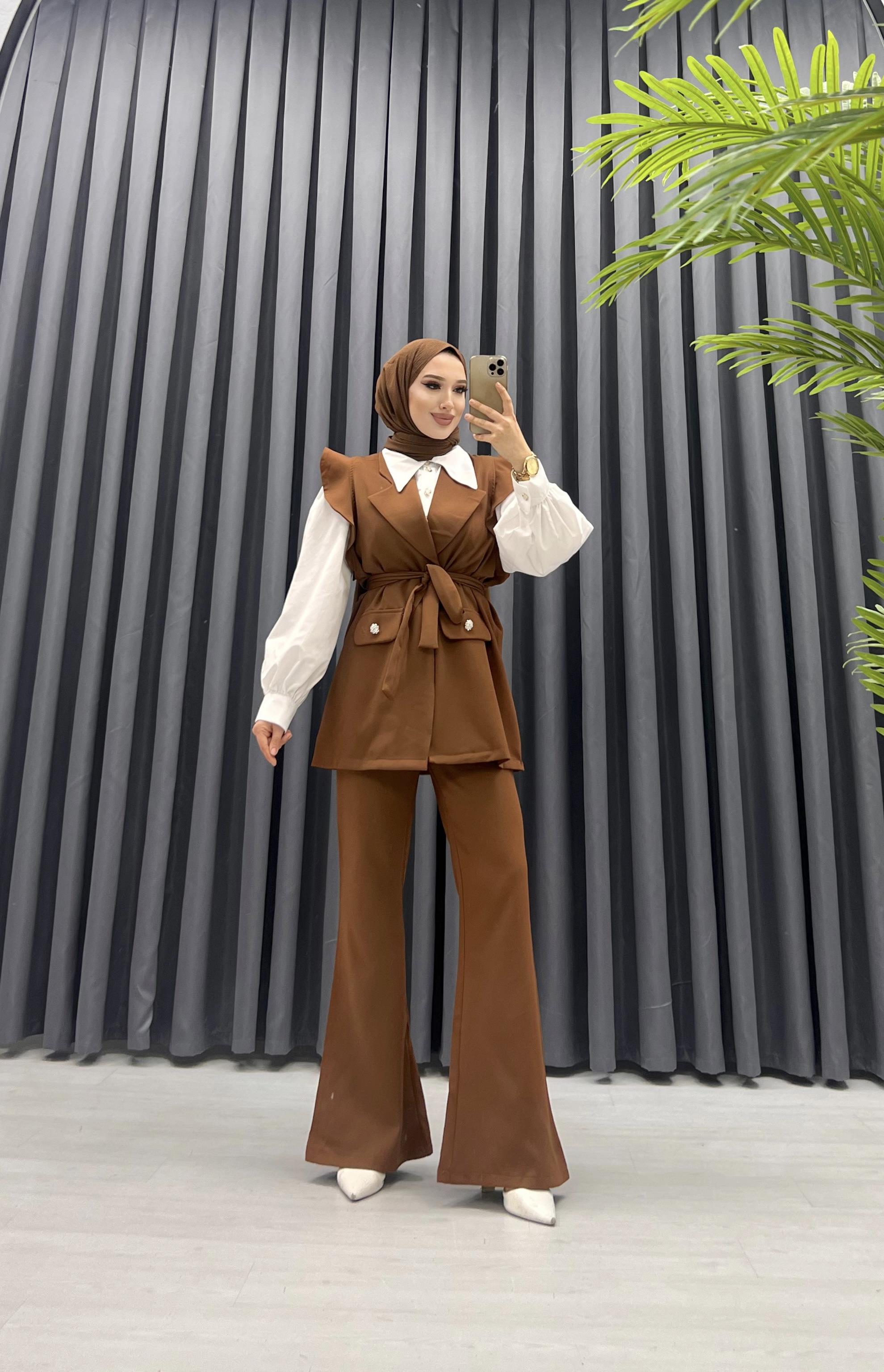 YELEKLİ PANTOLONLU TAKIM KAHVE