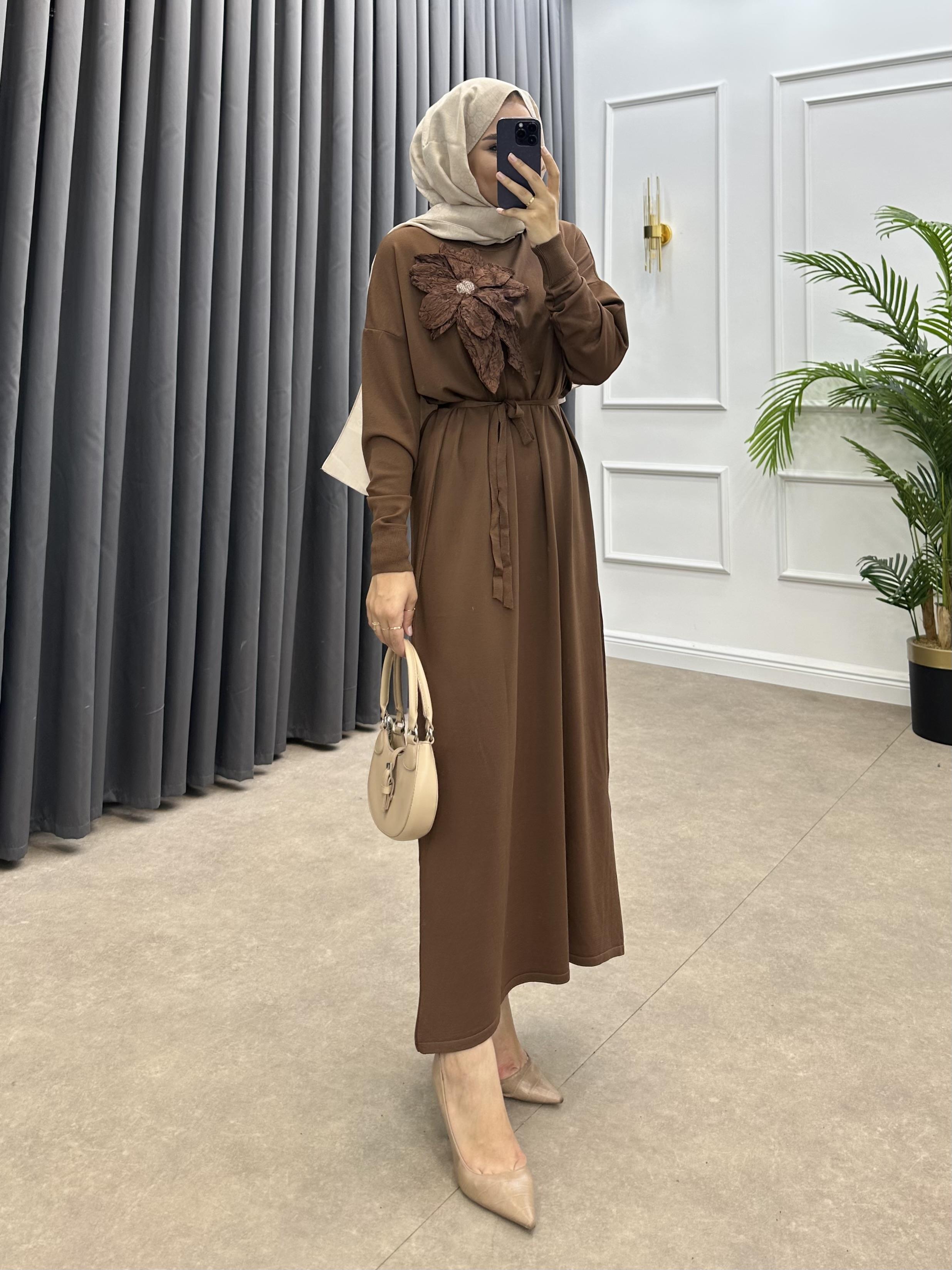 ZAMBAK MERSERİZE ELBİSE KAHVE