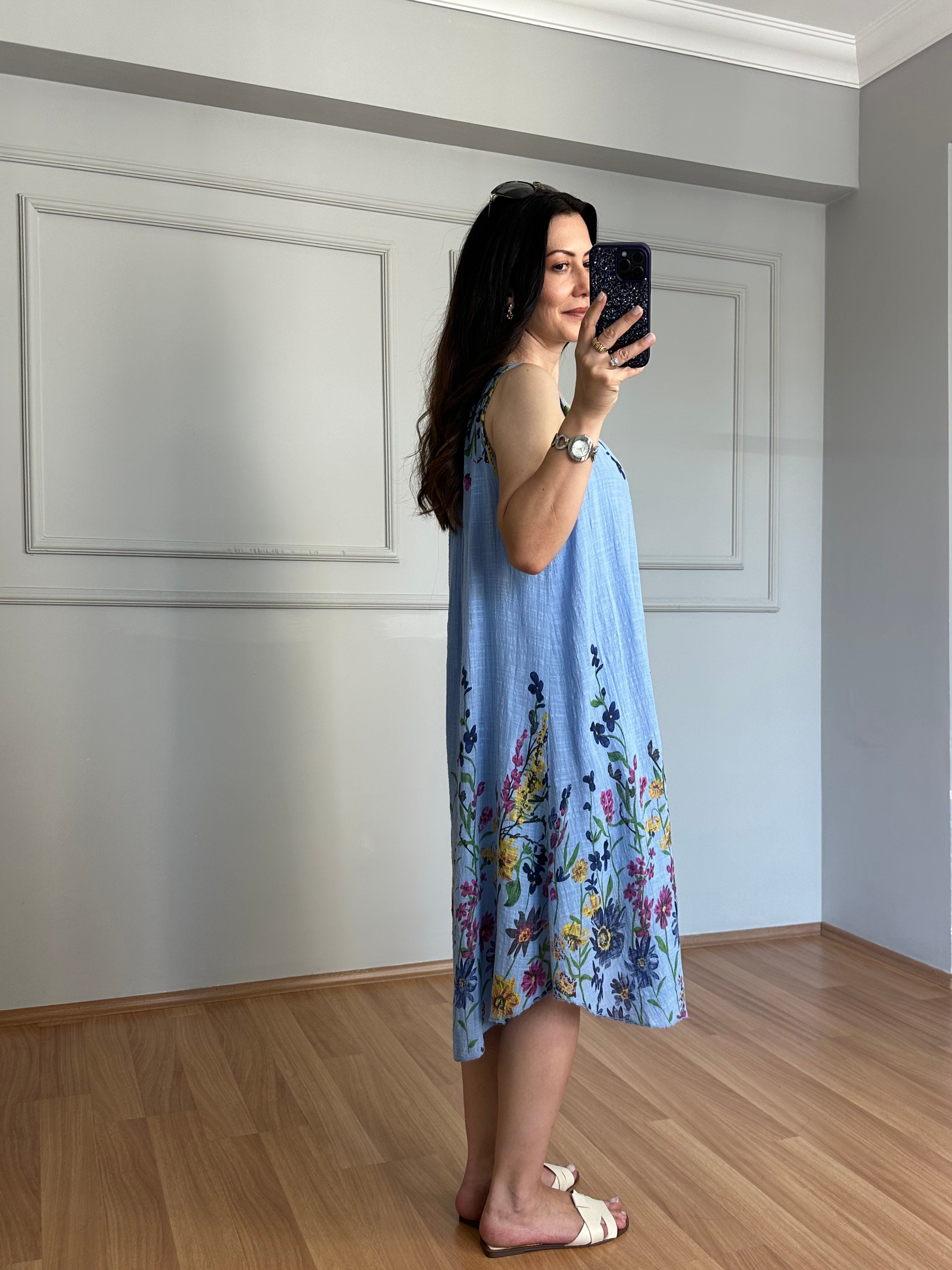 Alara Mavi Çiçekli Astarlı Elbise