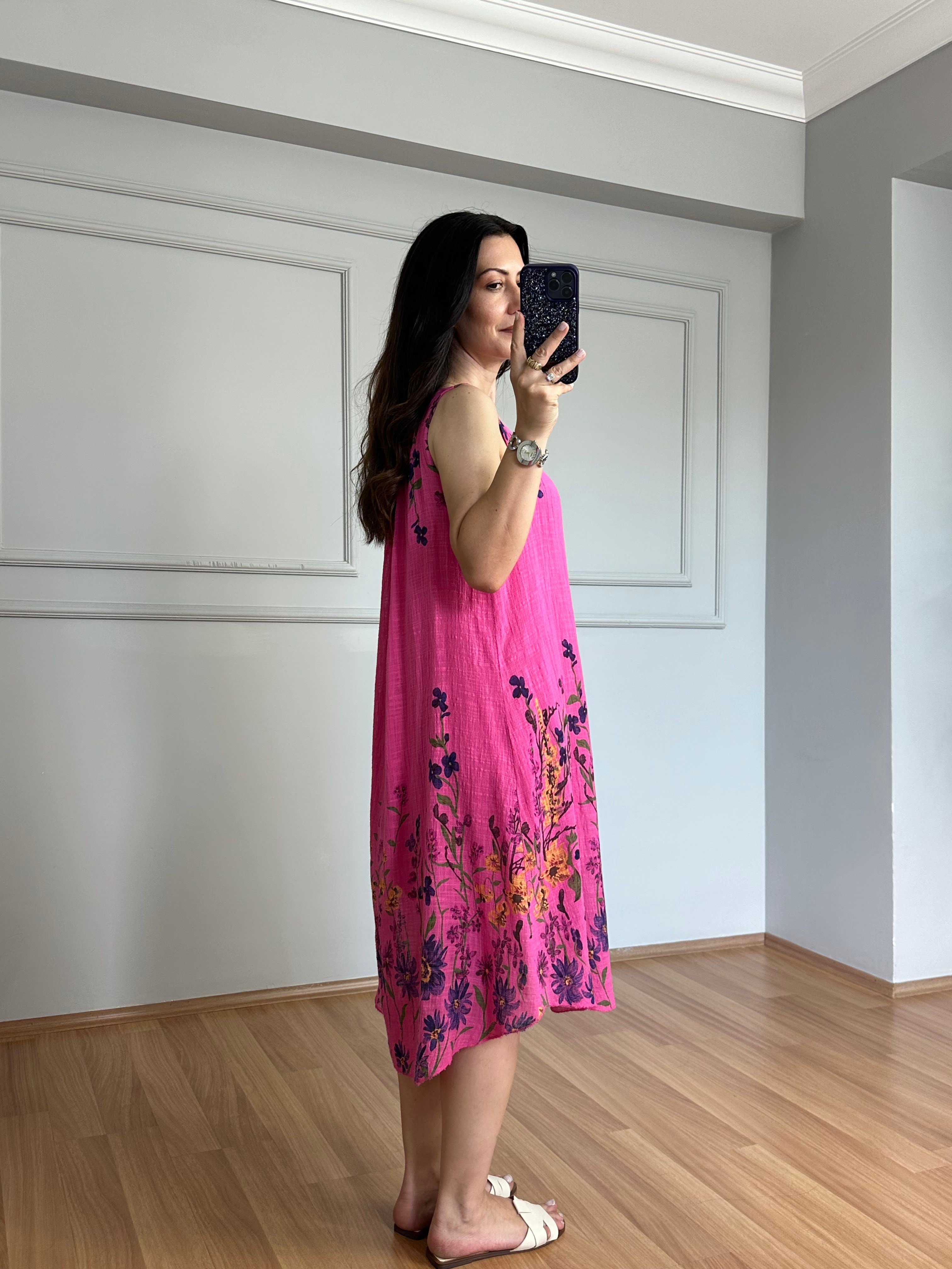 Alara Pembe Çiçekli Astarlı Elbise