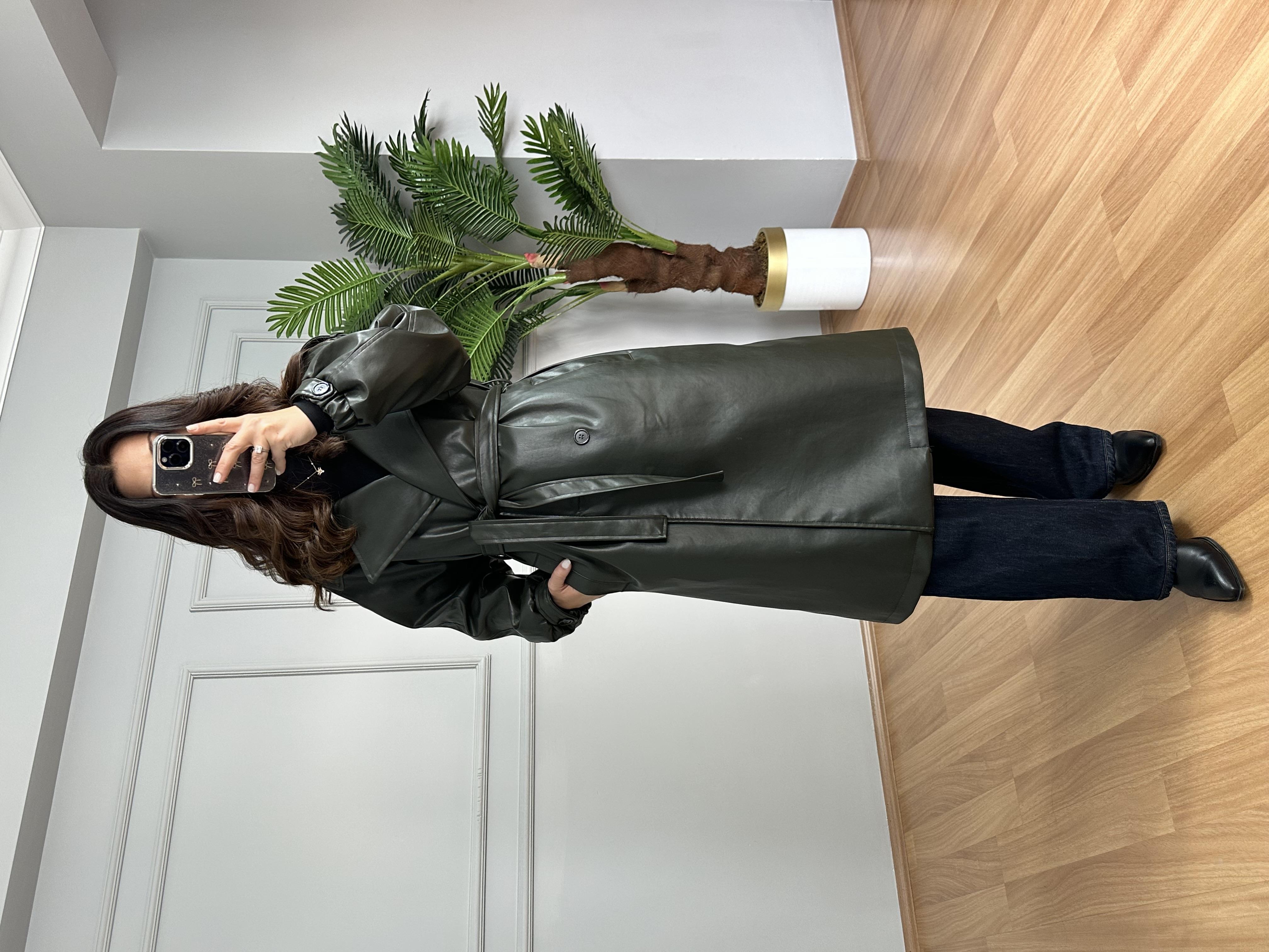 Alven Haki Lamineli Astarlı Deri Ceket