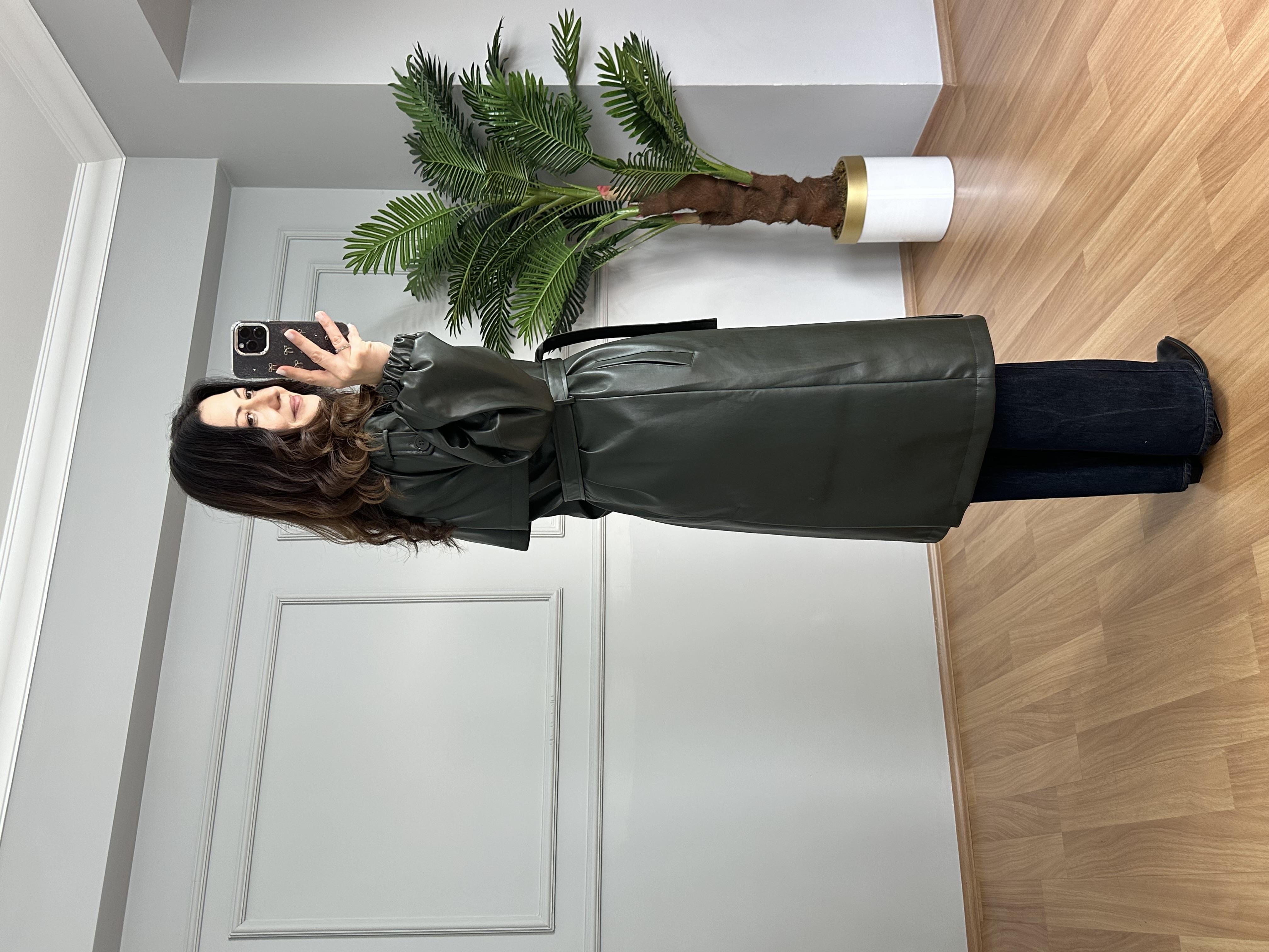 Alven Haki Lamineli Astarlı Deri Ceket