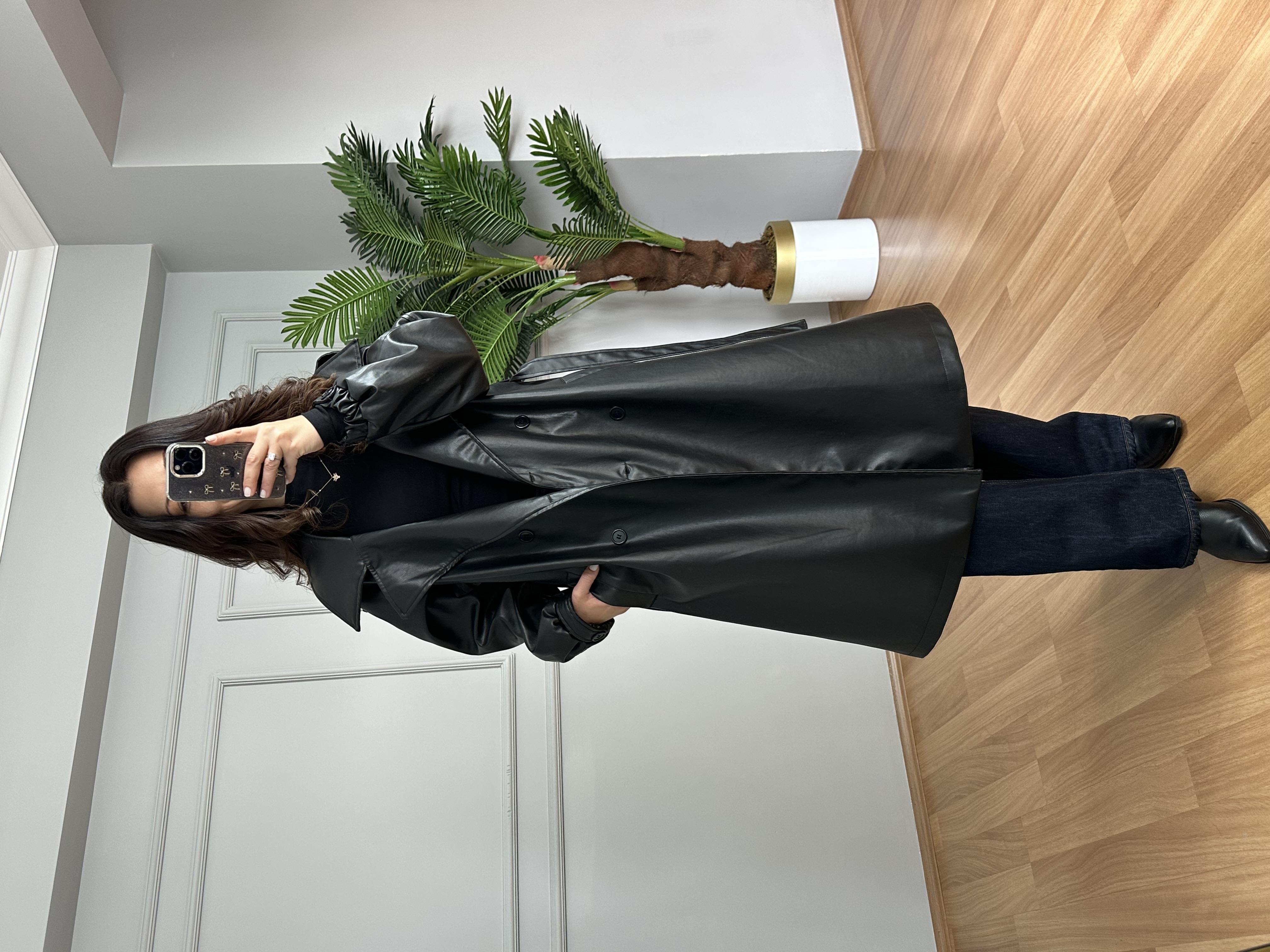 Alven Siyah Lamineli Astarlı Deri Ceket