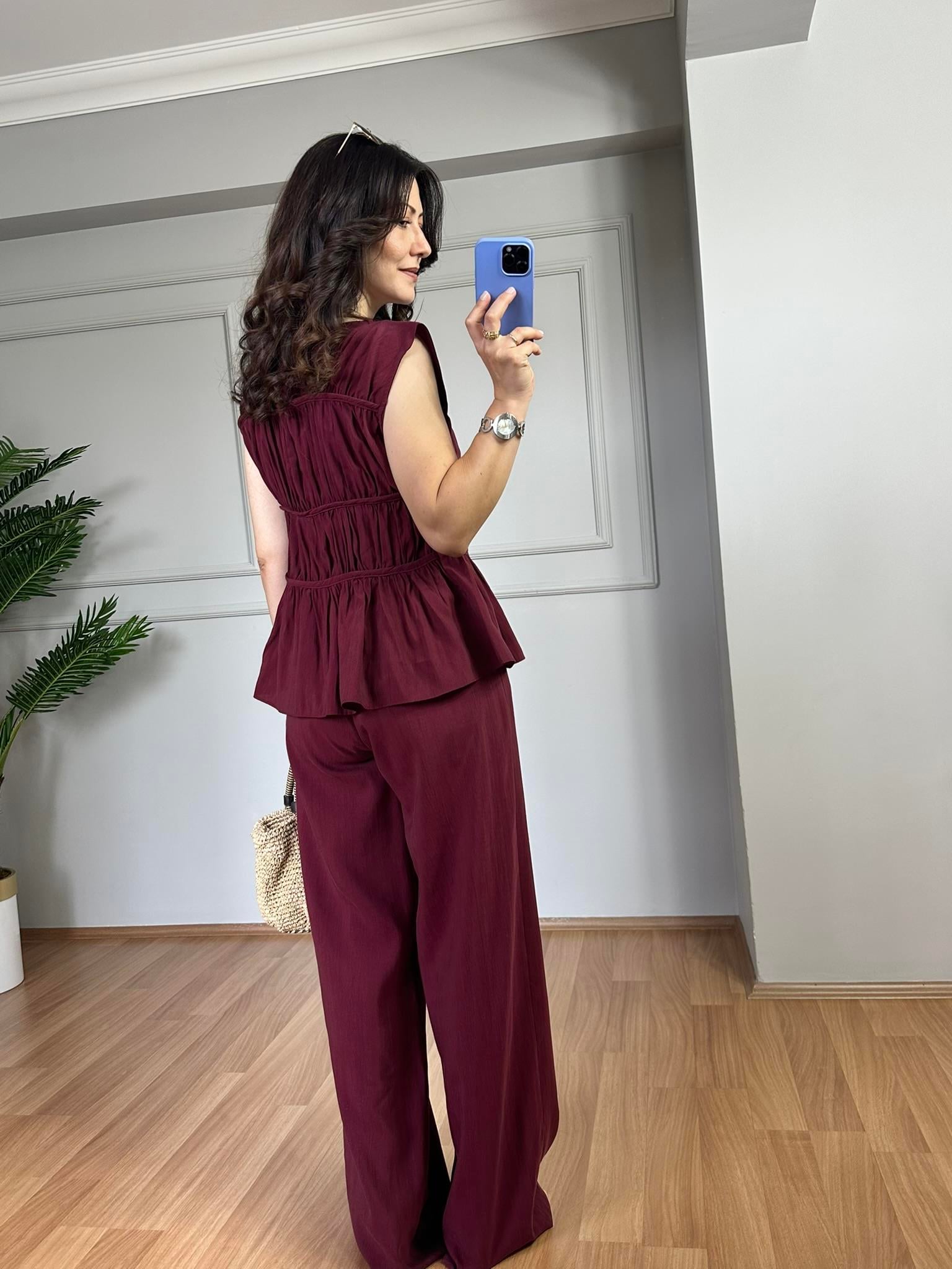 Anya Bordo Büzgülü Bluz Ve Pantolon Takım