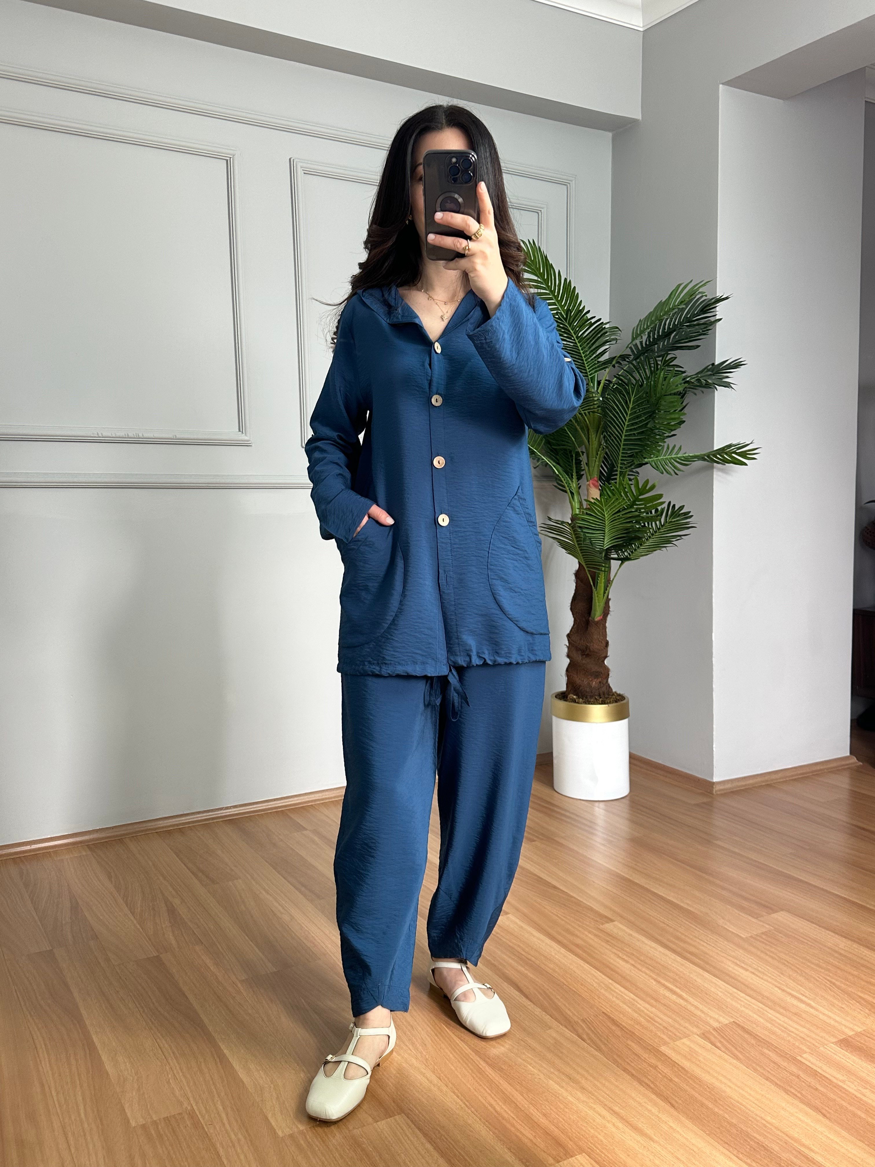 Aura İndigo Bambu Kumaş Kapüşonlu Takım 