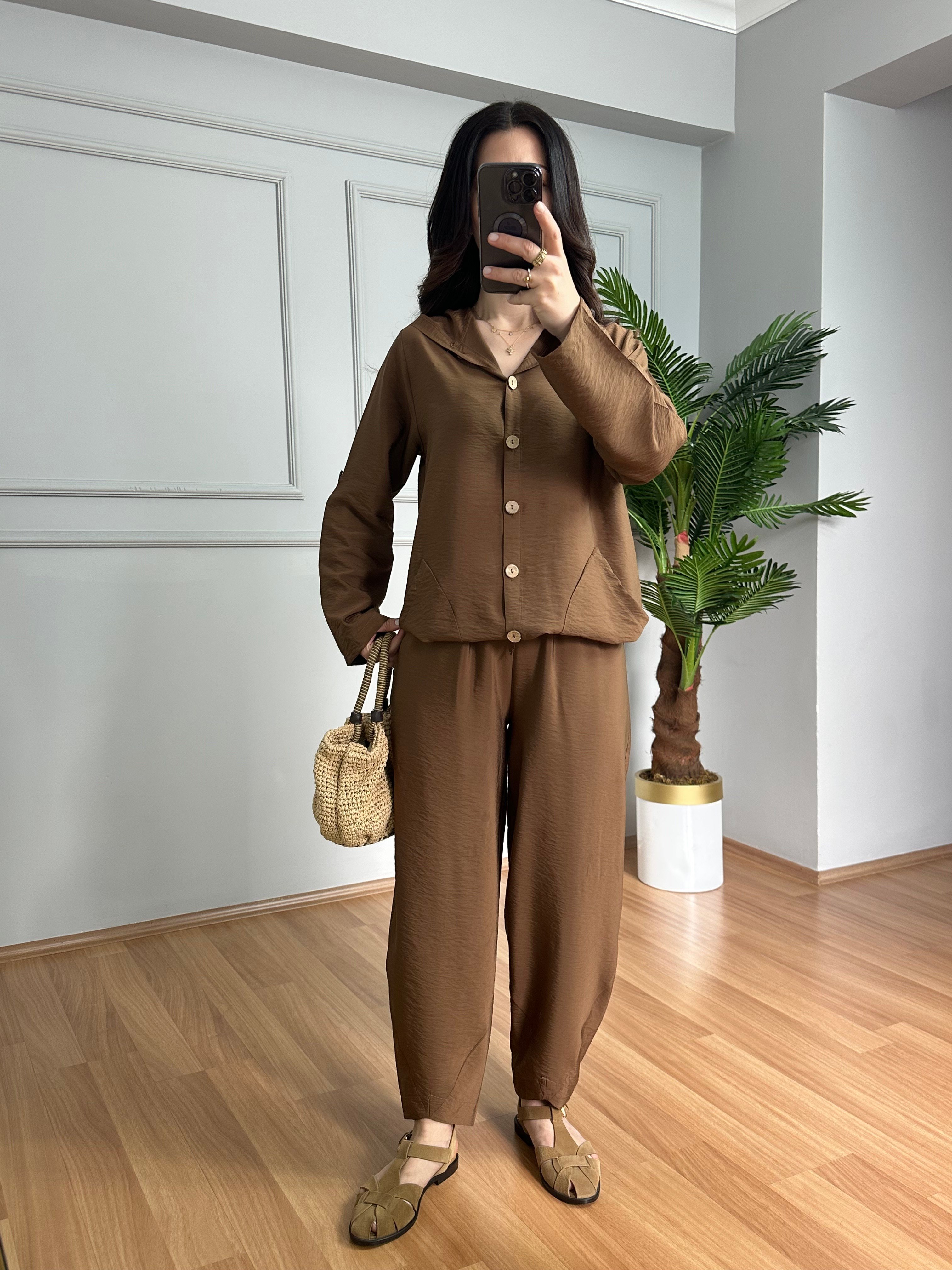 Aura Kahve Bambu Kumaş Kapüşonlu Takım 