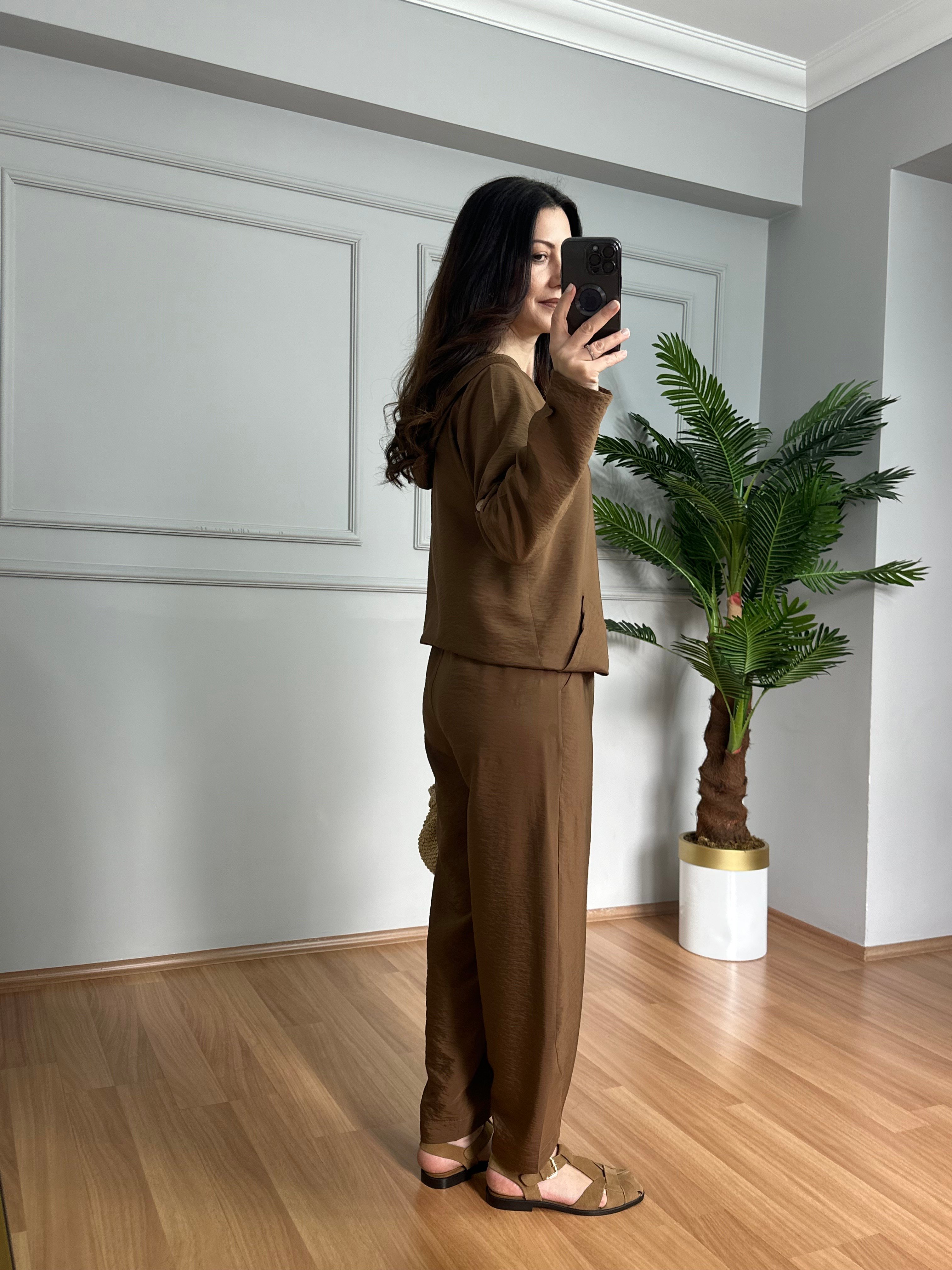 Aura Kahve Bambu Kumaş Kapüşonlu Takım 