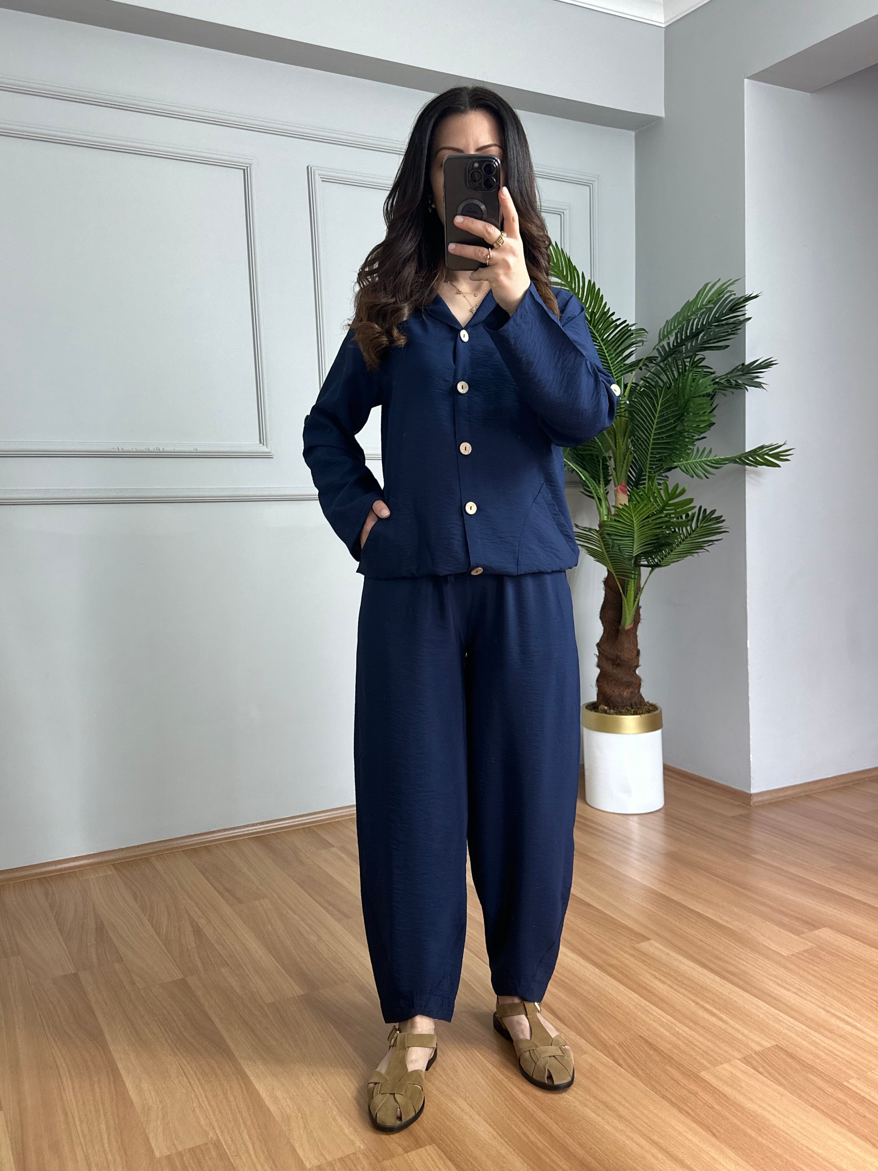 Aura Lacivert Bambu Kumaş Kapüşonlu Takım 